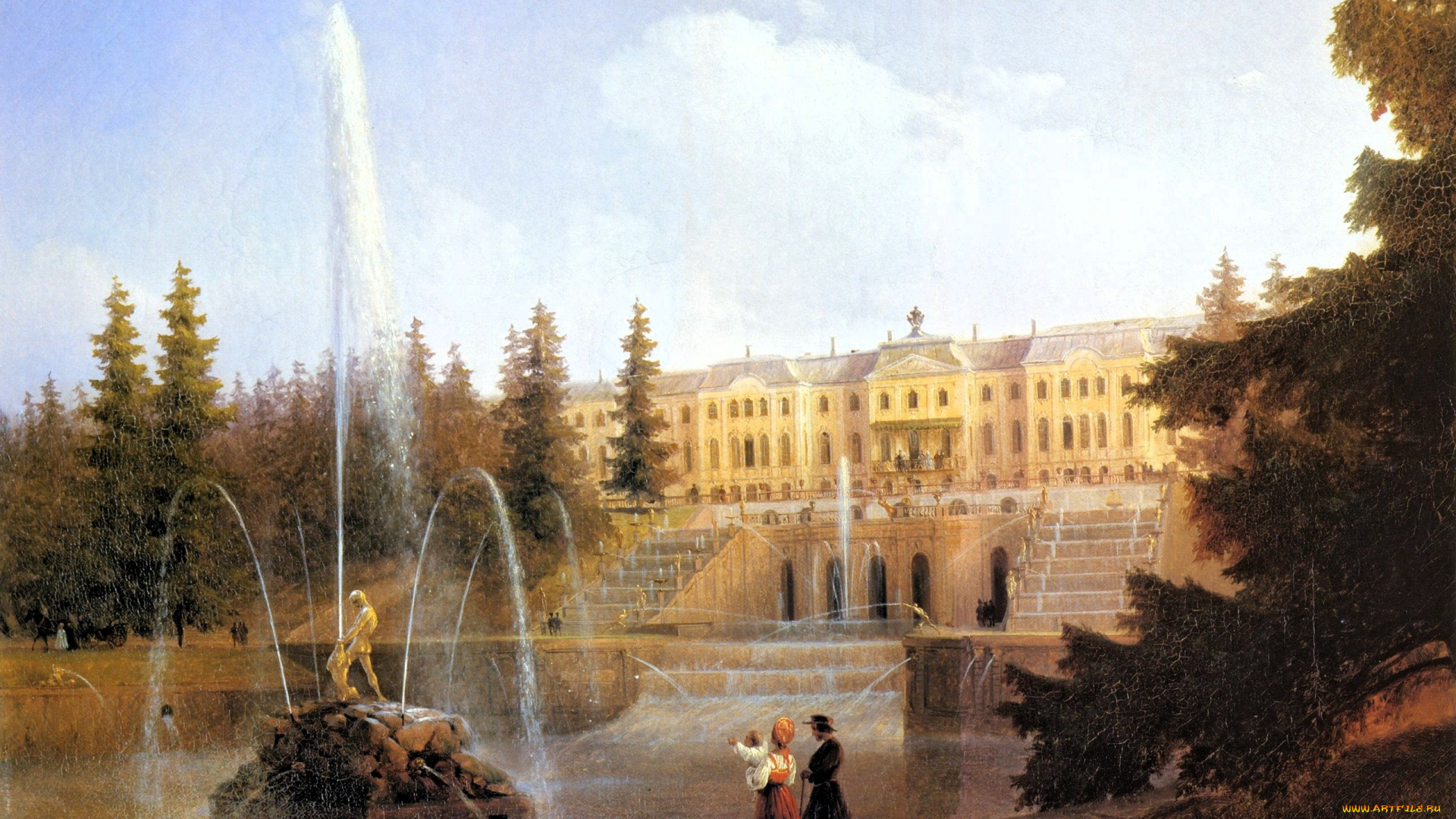 aivazovsky, -, look, to, the, large, cascade, and, large, petergof, palace, рисованное, иван, айвазовский, дворец, парк, ёлки, фонтан, люди