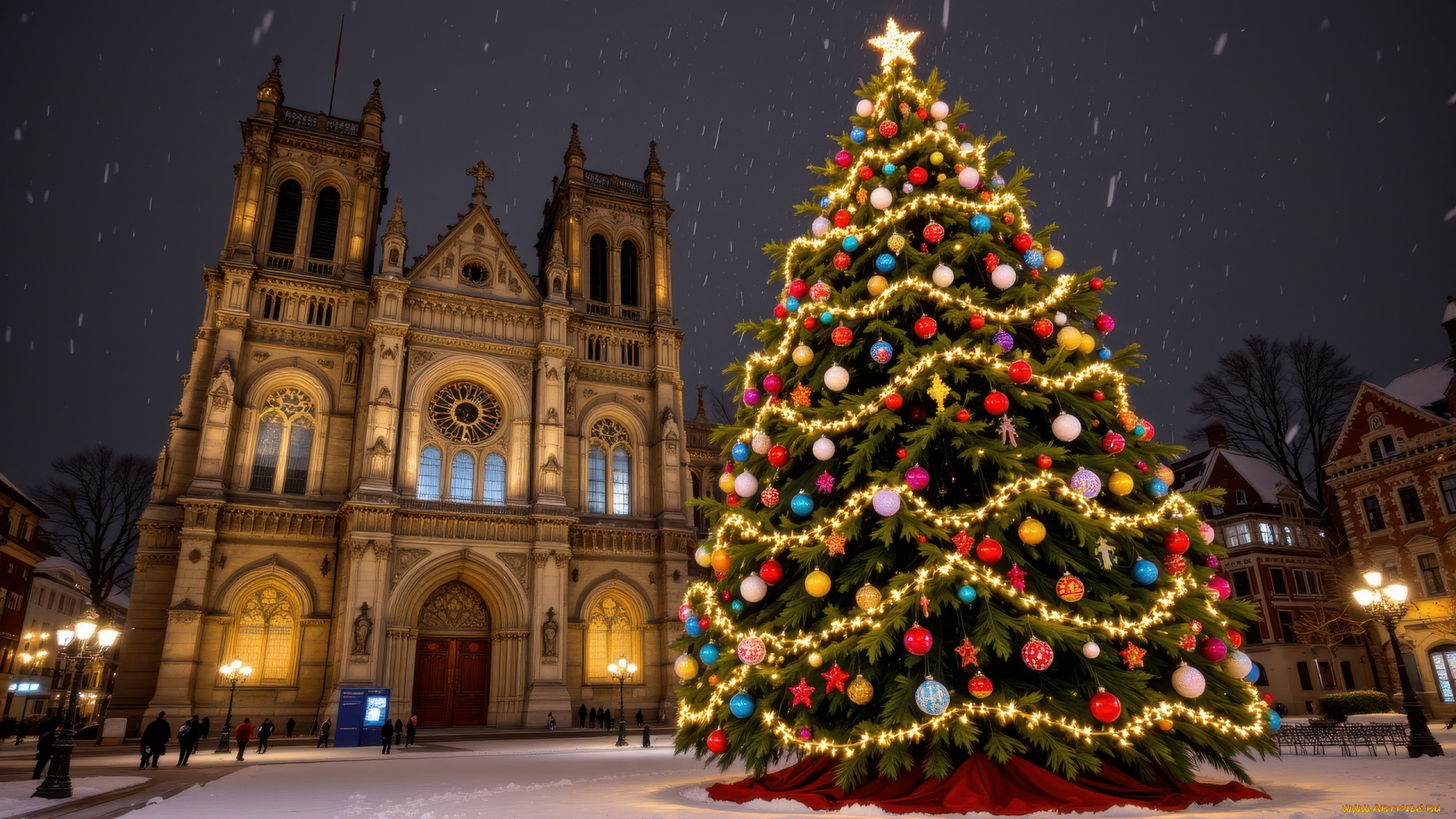 автор, wp, stl, 3д, графика, праздники, , holidays, собор, площадь, елка, фонари