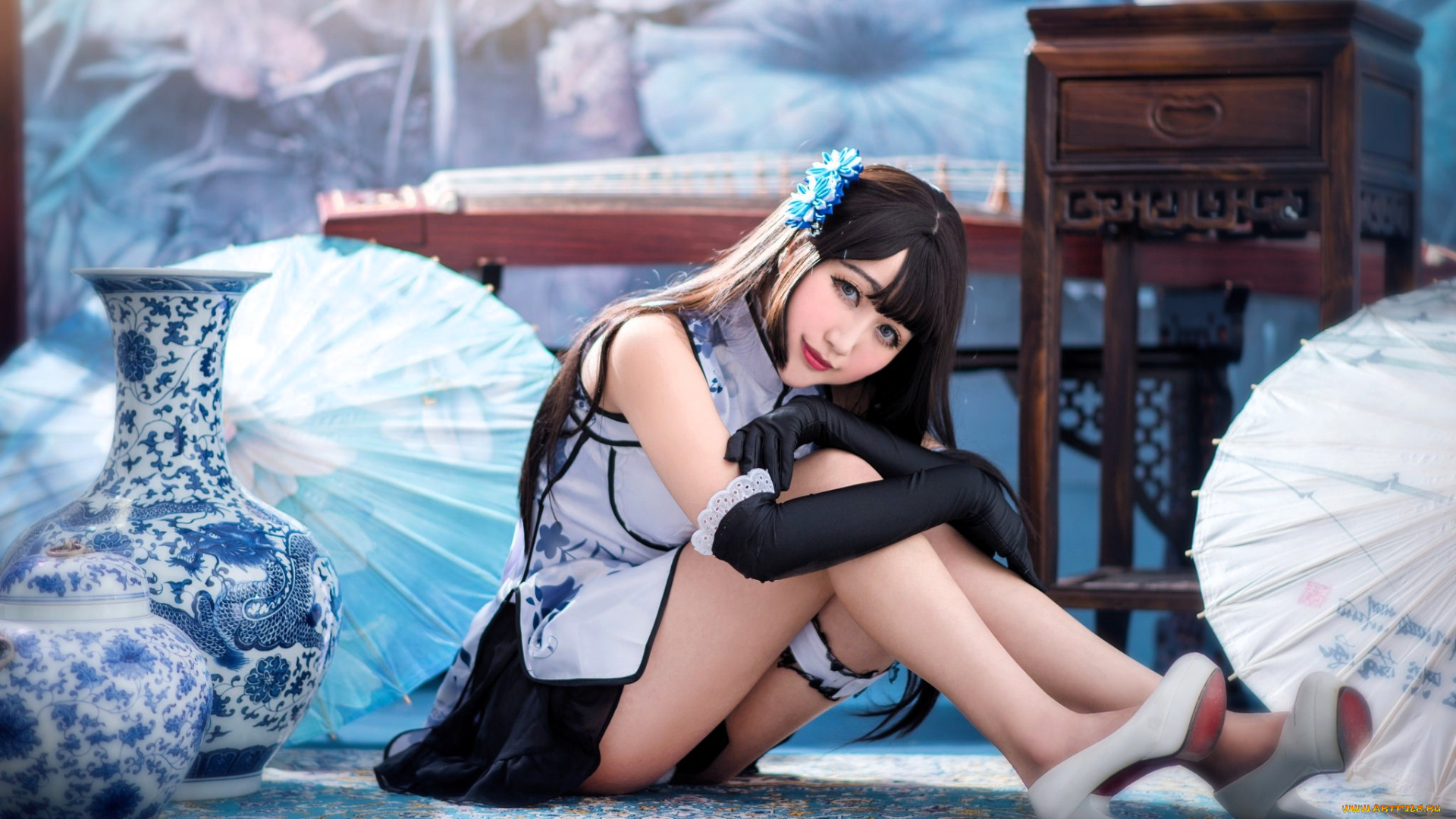 девушки, -, азиатки, образ, косплей, наряд, костюм, перчатки, вазы, зонты