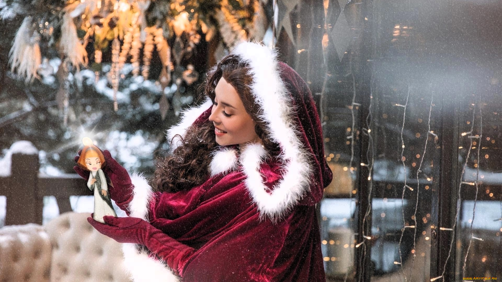 девушки, анна, шаховская, образ, косплей, наряд, костюм, плащ, кукла, гирлянда, снег
