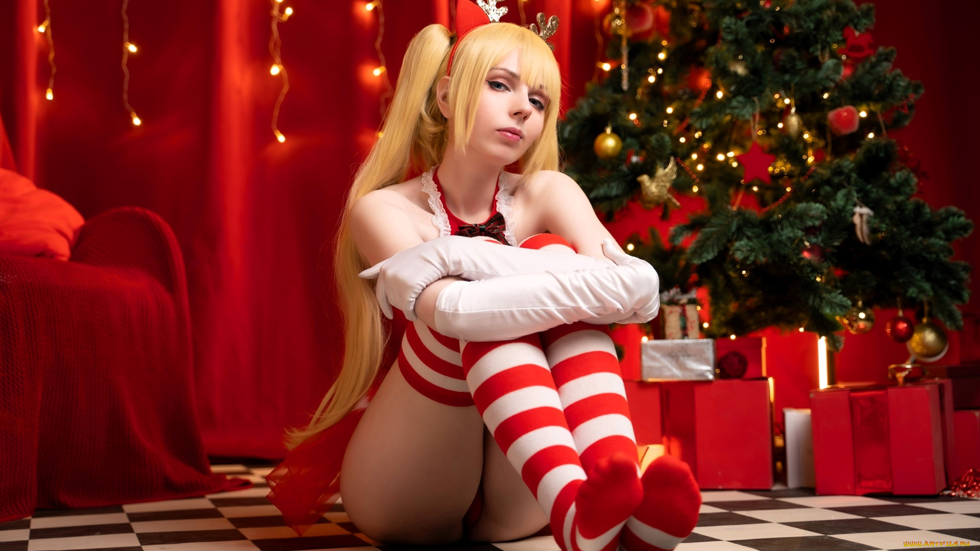 девушки, victoria, lirell, образ, косплей, наряд, костюм, новый, год, ёлка, гирлянда, подарки