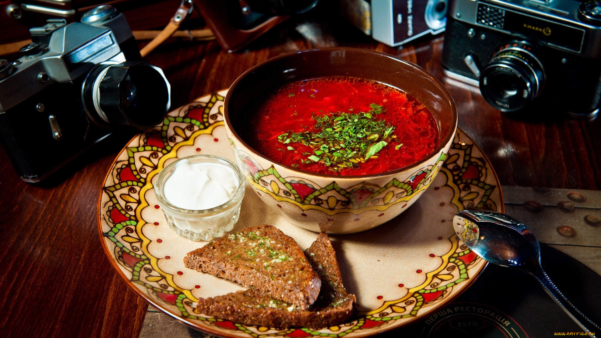 еда, первые, блюда, сметана, борщ, хлеб