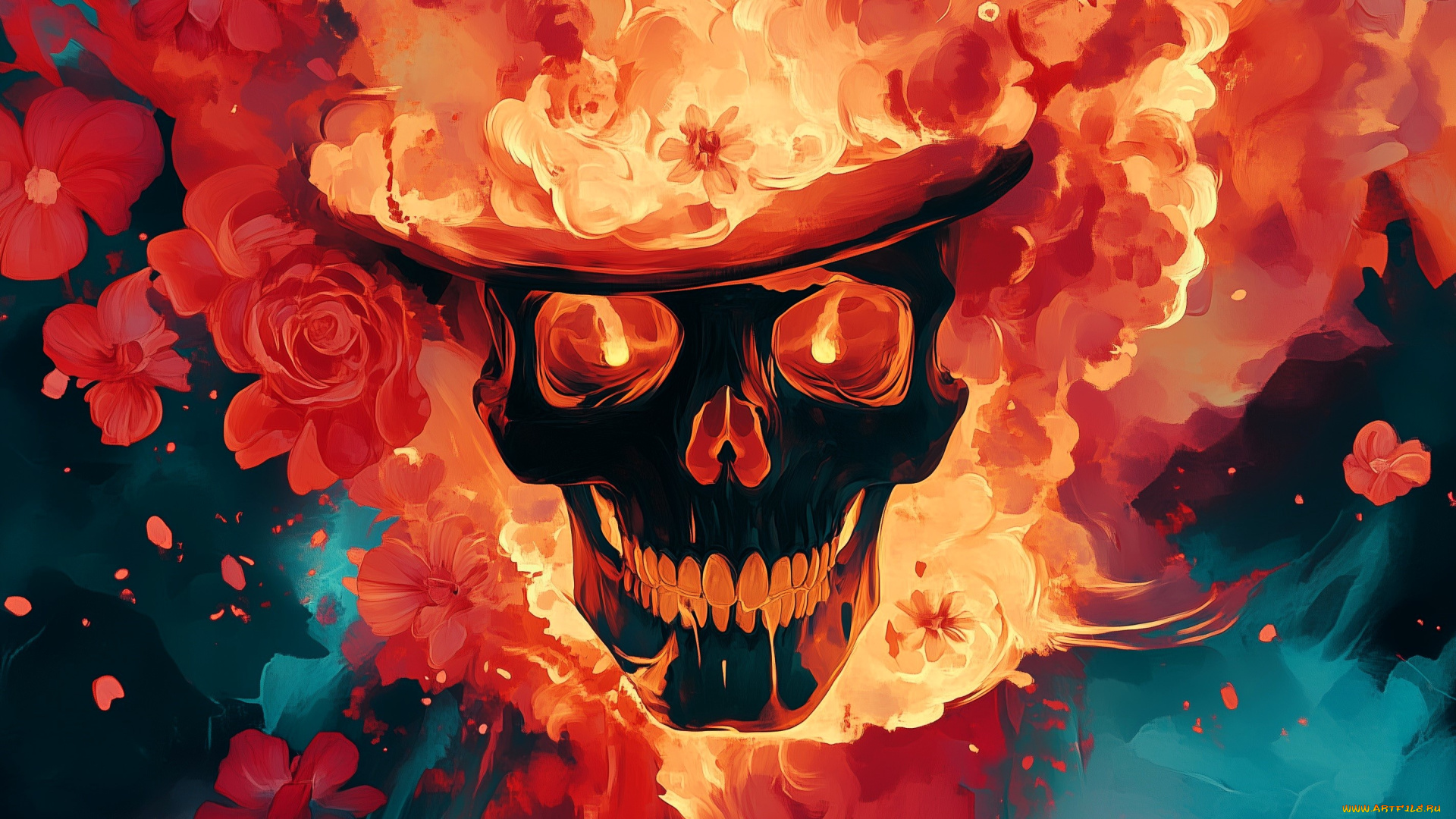фэнтези, нежить, череп, шляпа, огонь, цветы