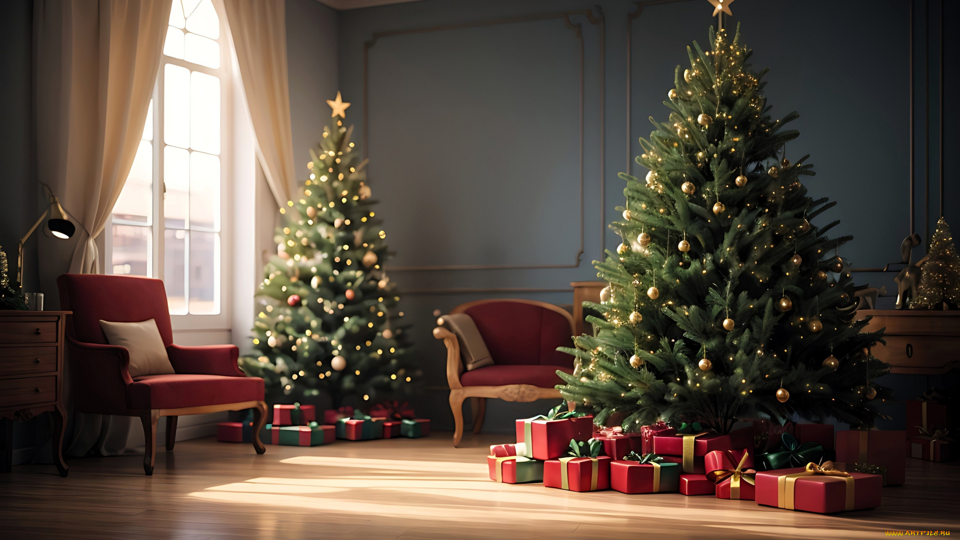 праздничные, ёлки, комната, подарки, кресла, окно
