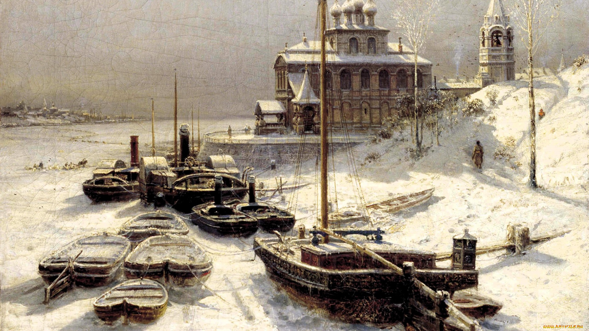 рисованное, алексей, боголюбов, город, зима, лед, снег, лодки, река