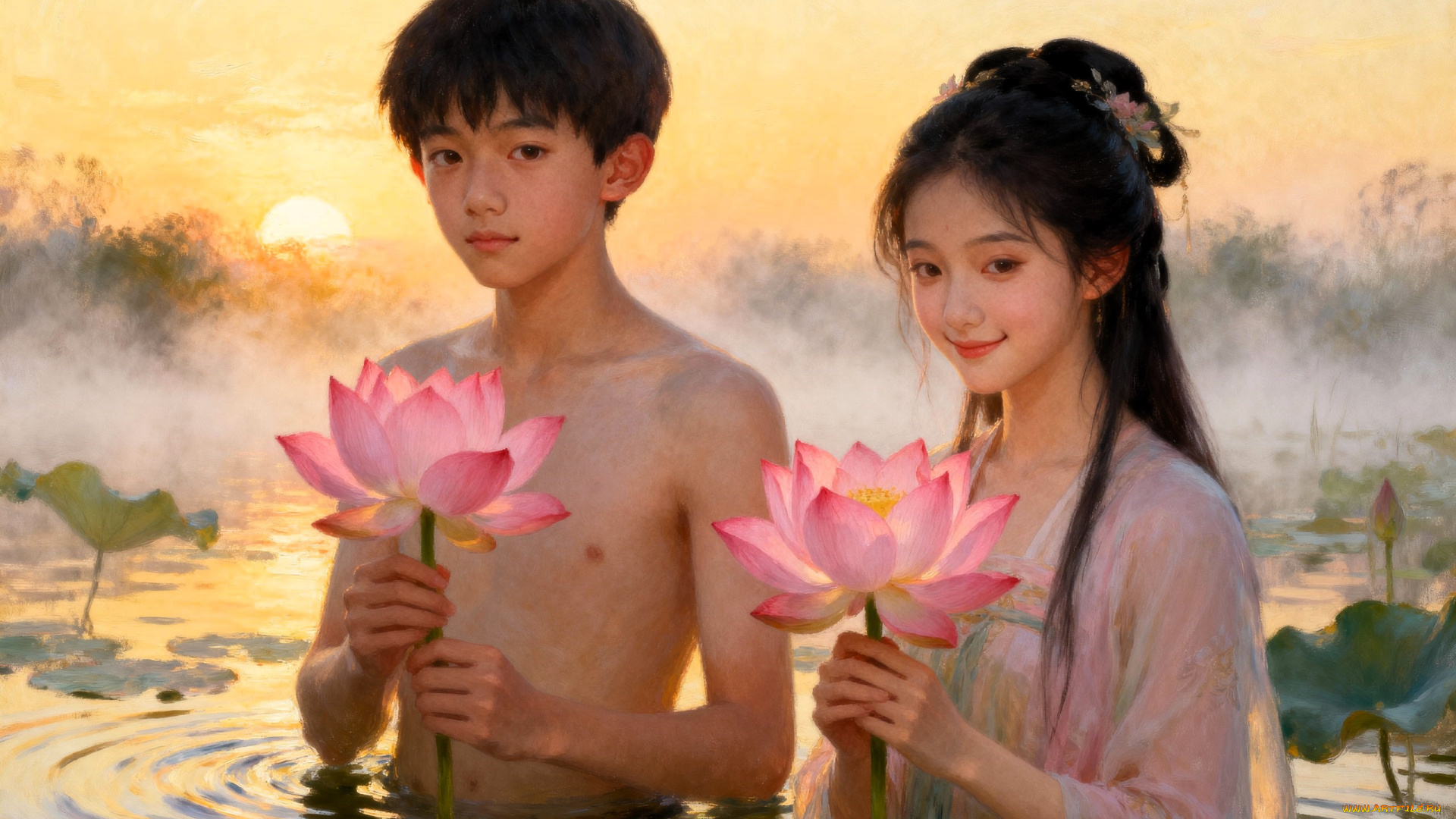 рисованное, дети, мальчик, девочка, лотосы, озеро, закат, туман