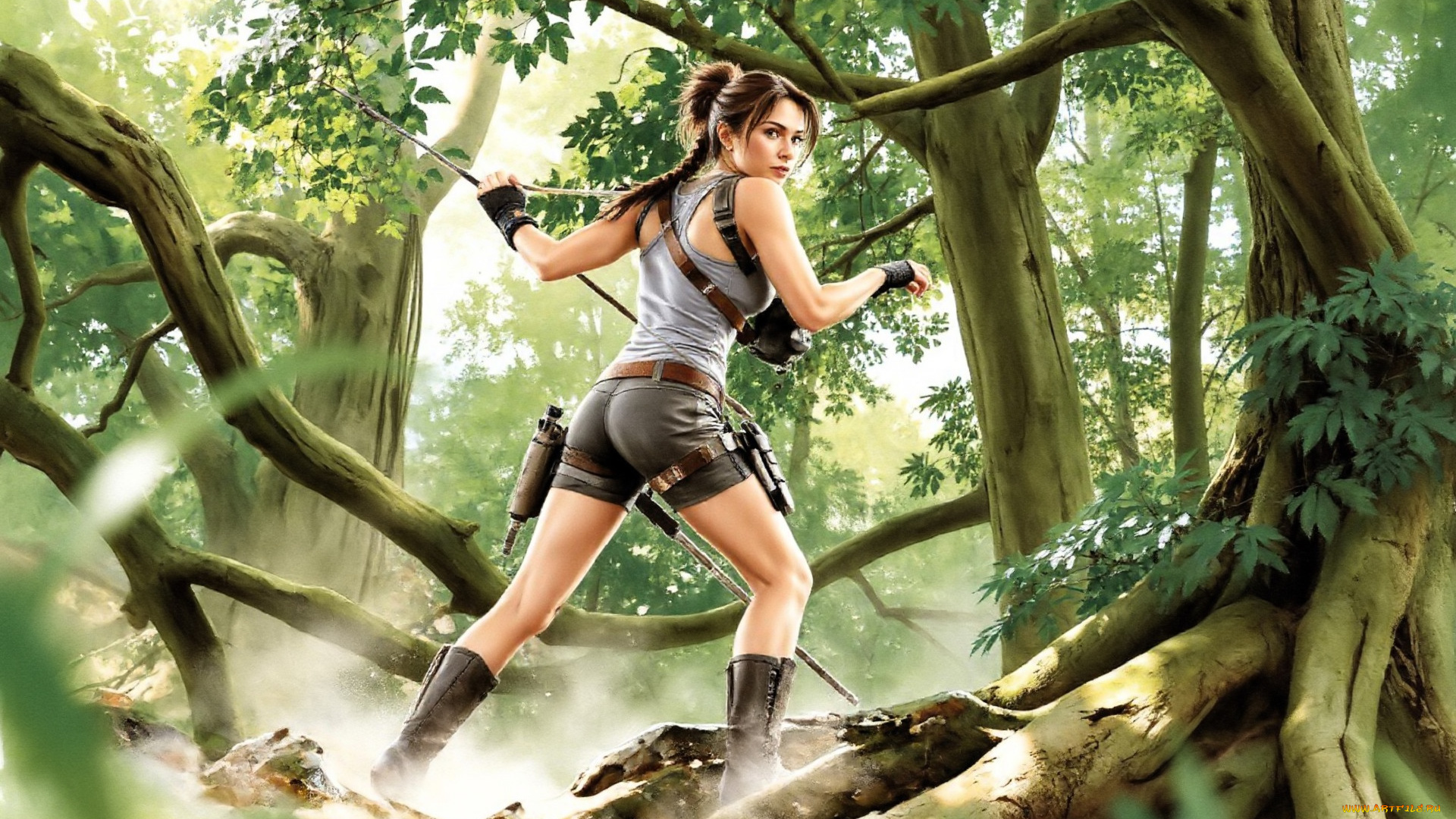 видео, игры, tomb, raider, , other, лара, крофт, майка, шорты, оружие, лес