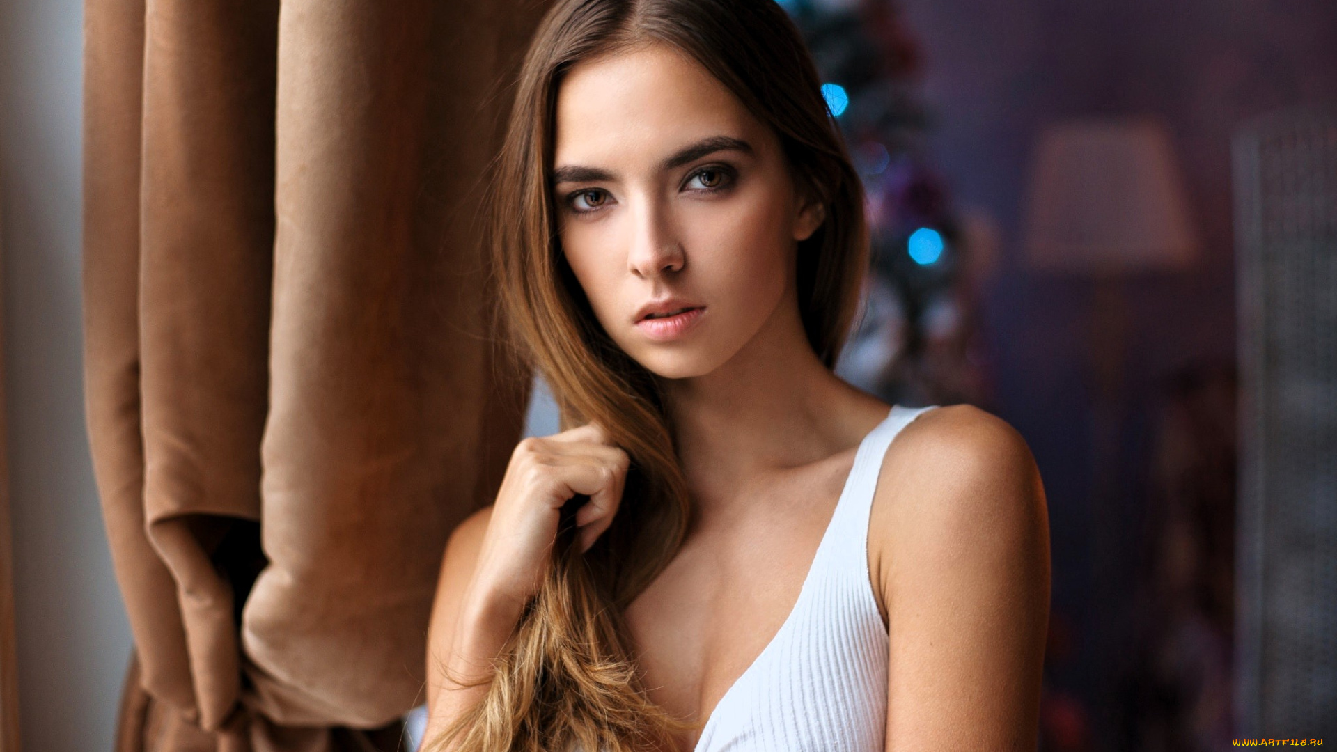 виктория, лукина, девушки, -, лица, , портреты, шатенка, лицо, топ, шторы, огоньки