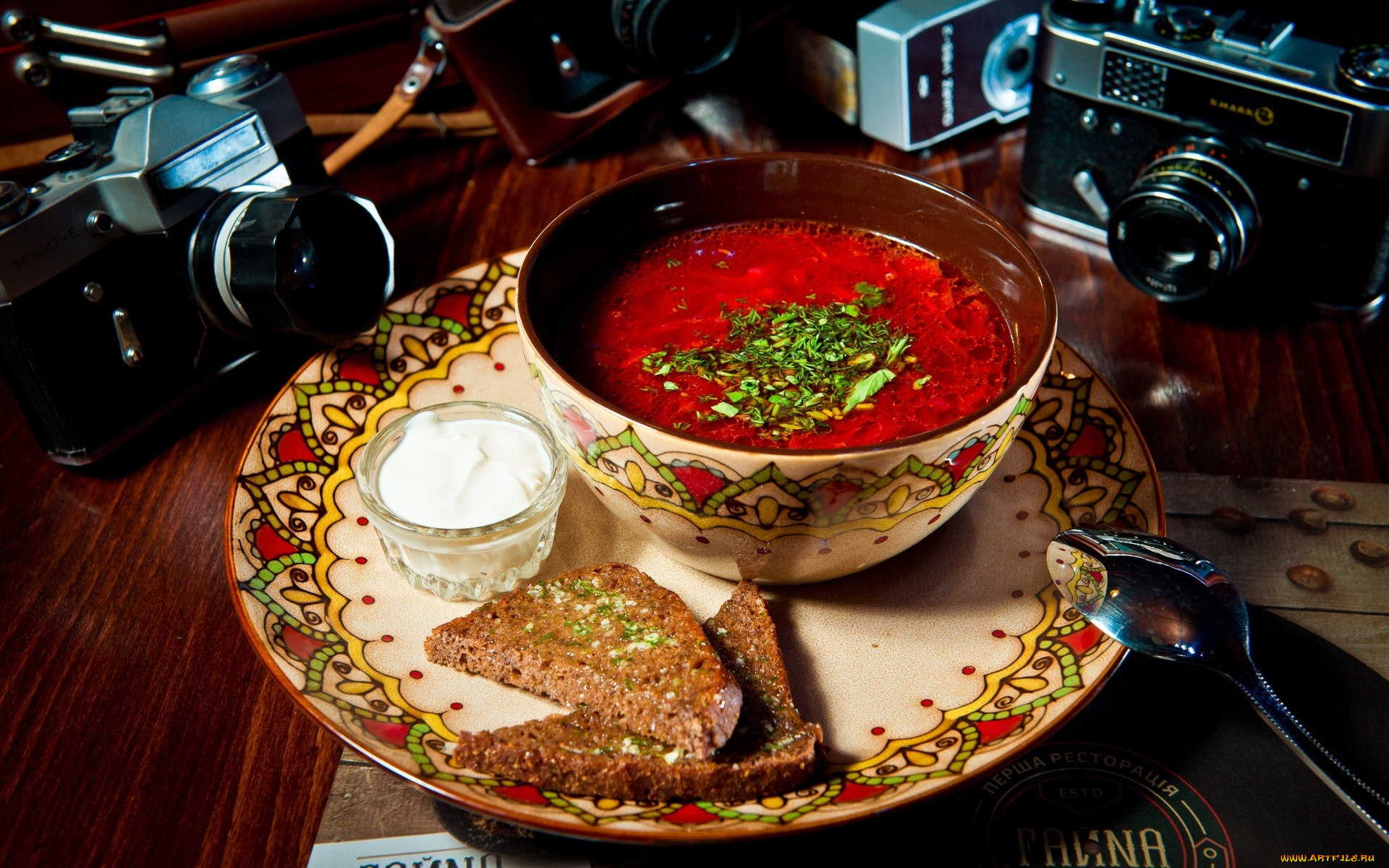 еда, первые, блюда, сметана, борщ, хлеб