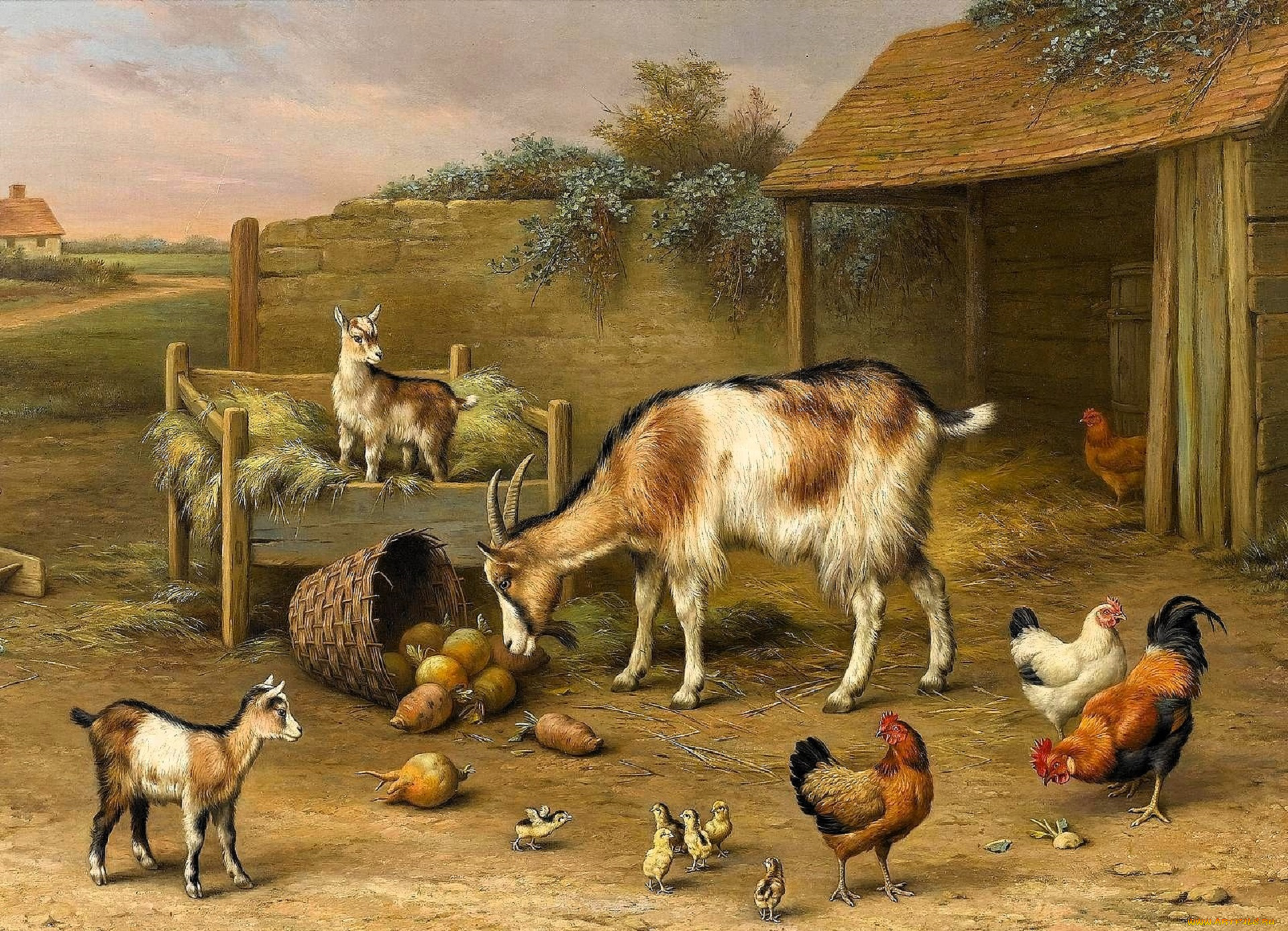 рисованное, edgar, hunt, сарай, козлята, коза, сено, репа, цыплята, куры