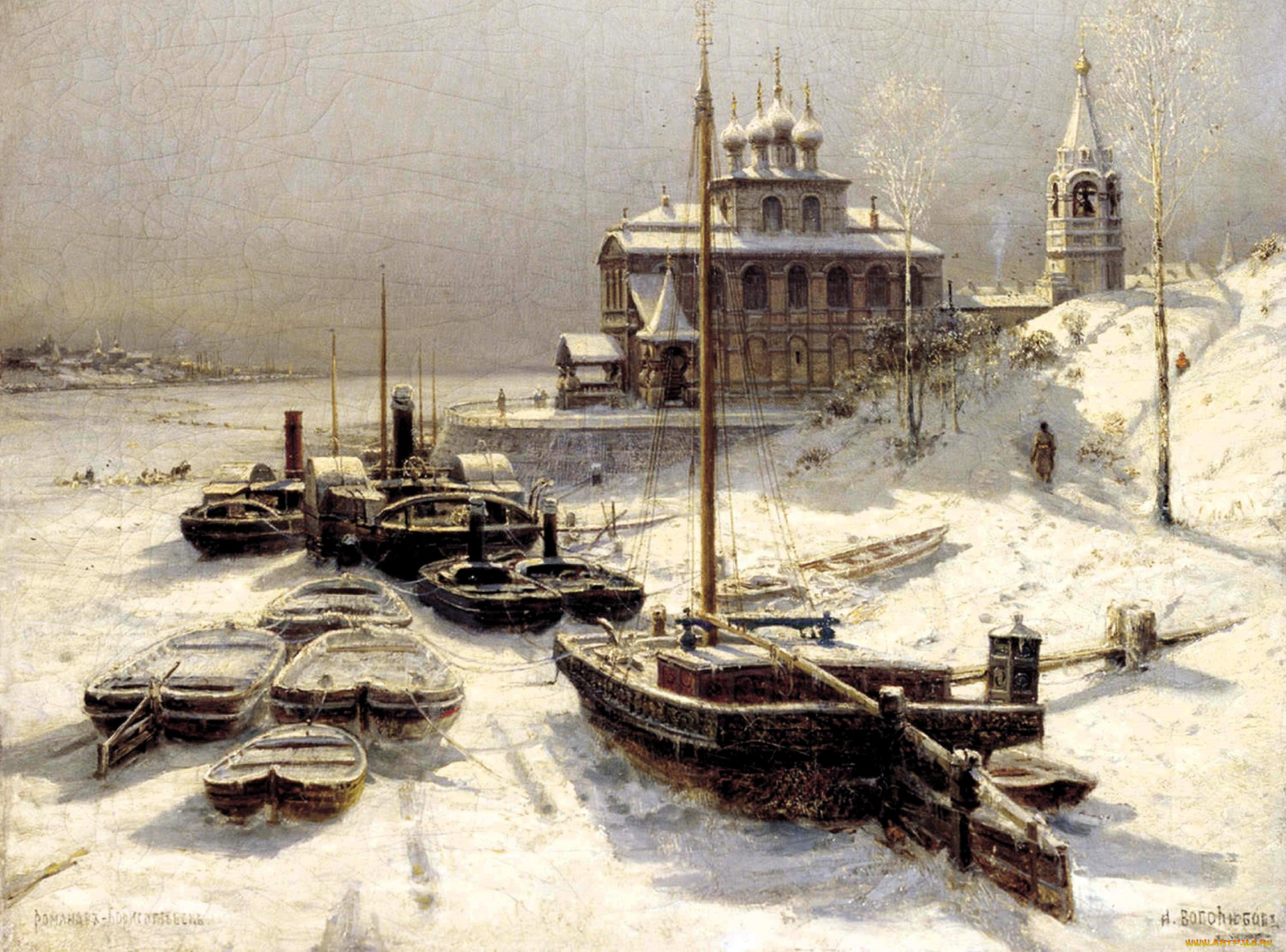 рисованное, алексей, боголюбов, город, зима, лед, снег, лодки, река