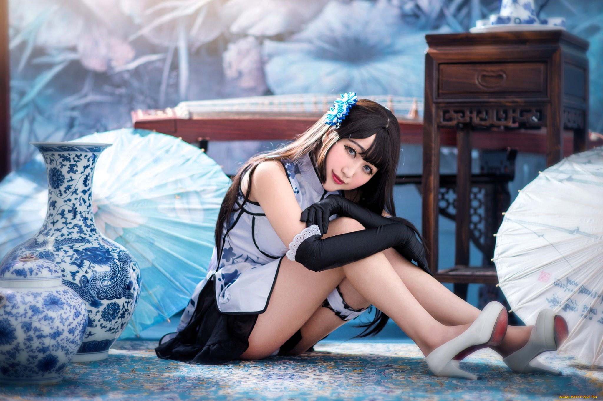 девушки, -, азиатки, образ, косплей, наряд, костюм, перчатки, вазы, зонты