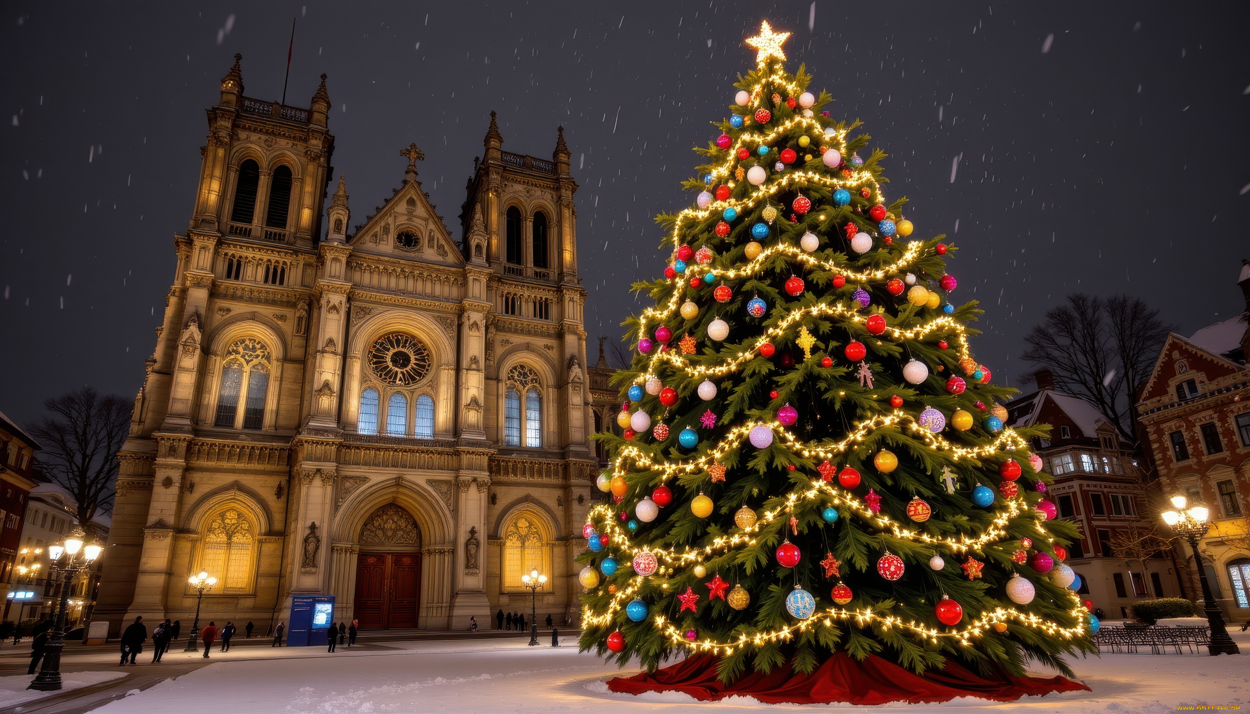 автор, wp, stl, 3д, графика, праздники, , holidays, собор, площадь, елка, фонари