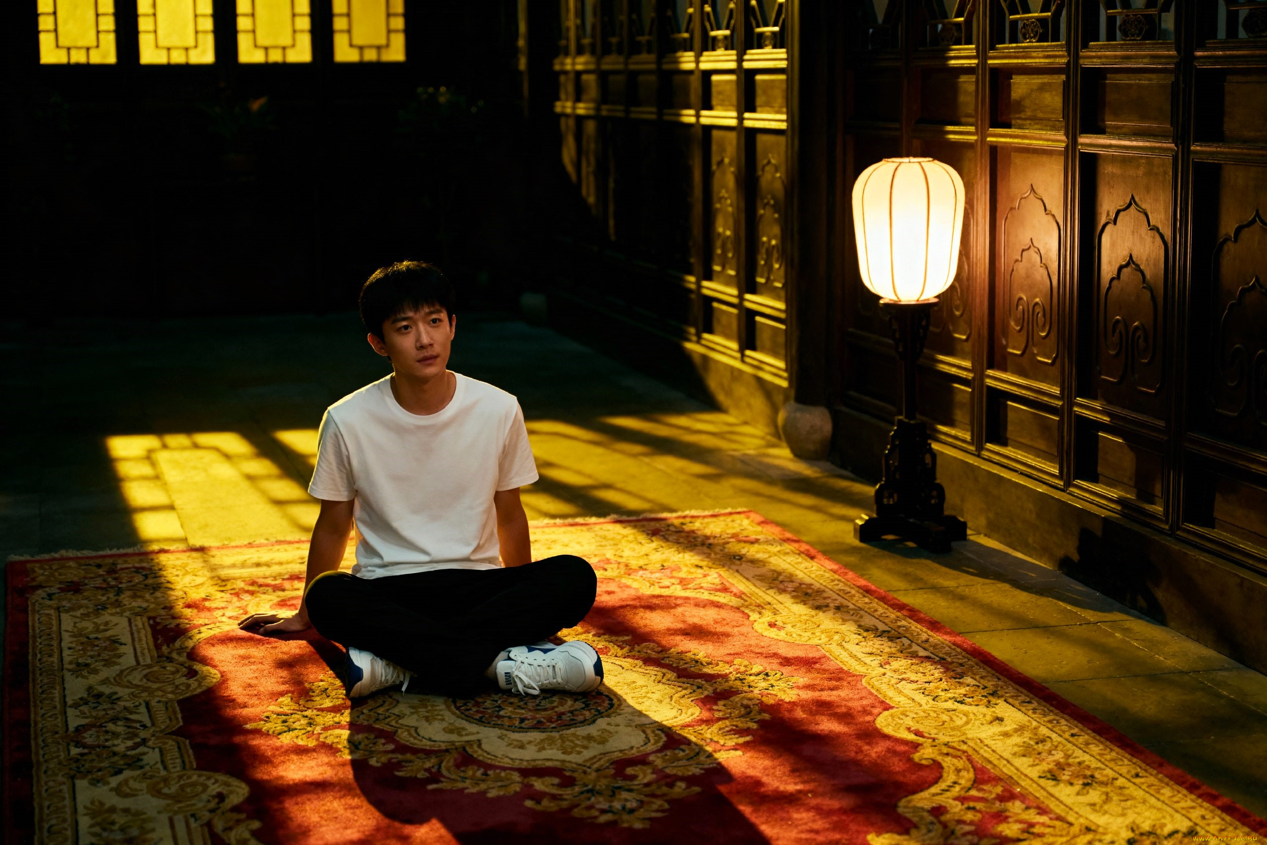 3д, графика, люди, , people, парень, азиат, футболка, ковер, комната, фонарь