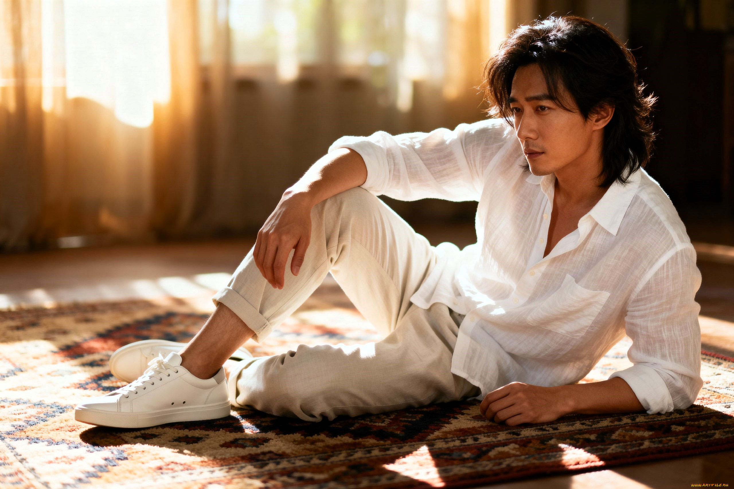 3д, графика, люди, , people, парень, азиат, рубашка, брюки, кроссовки, ковер