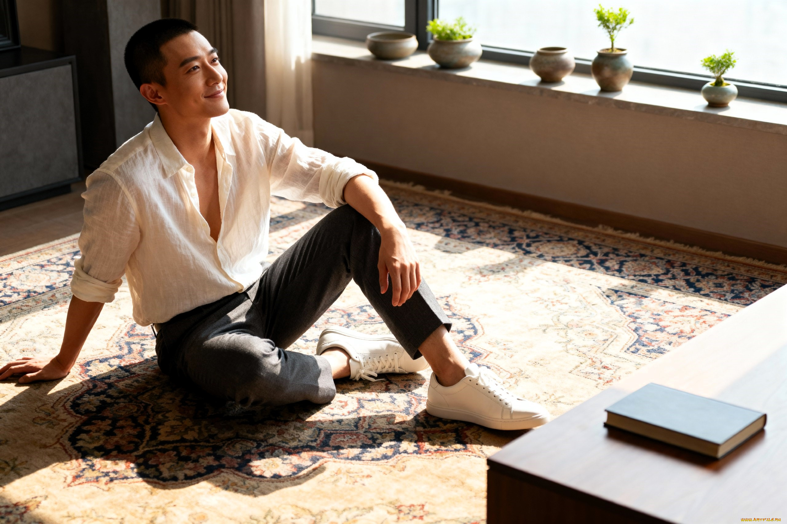 3д, графика, люди, , people, парень, азиат, рубашка, брюки, кроссовки, ковер, книга, горшки