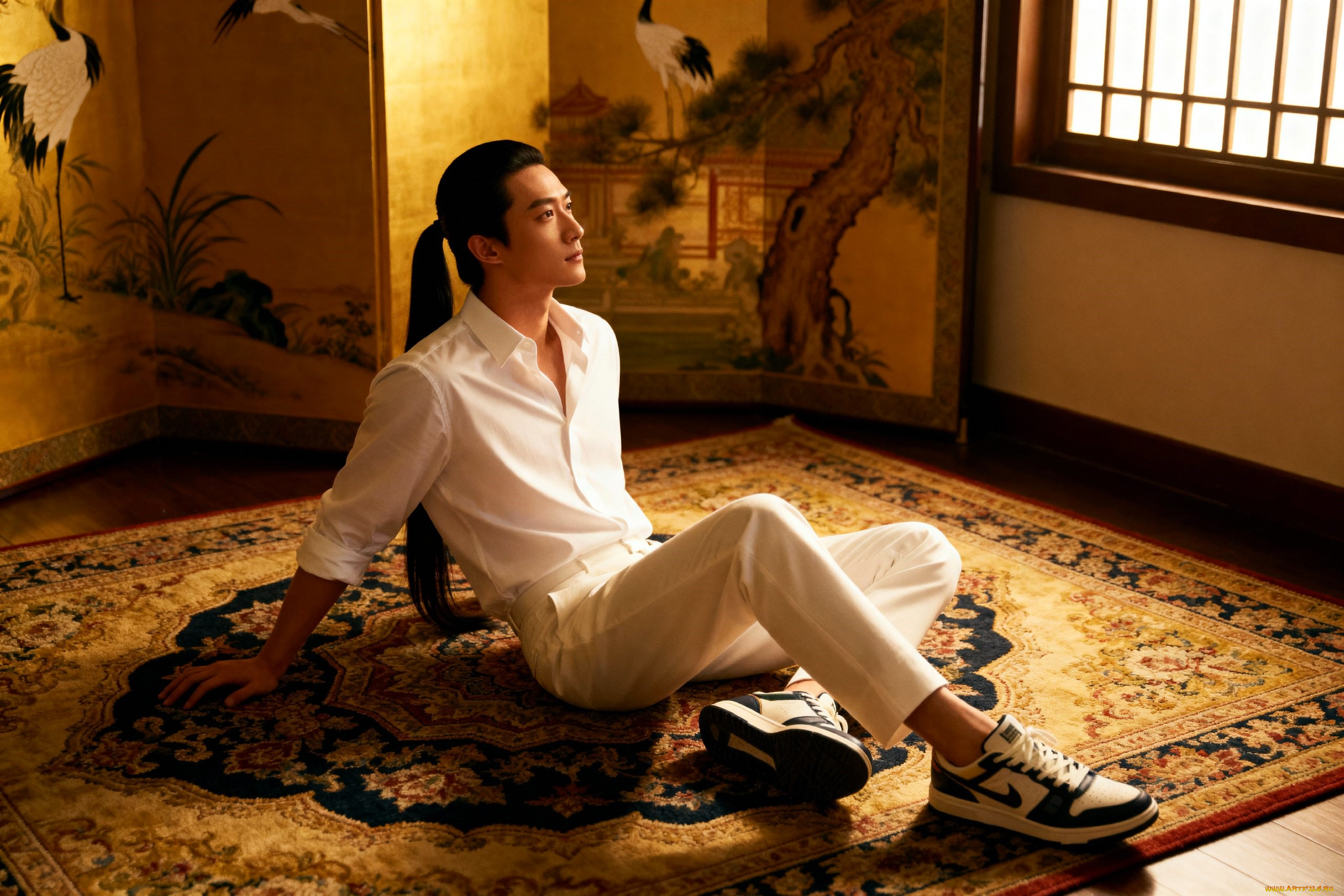 3д, графика, люди, , people, парень, азиат, рубашка, брюки, кроссовки, ковер, ширма, окно