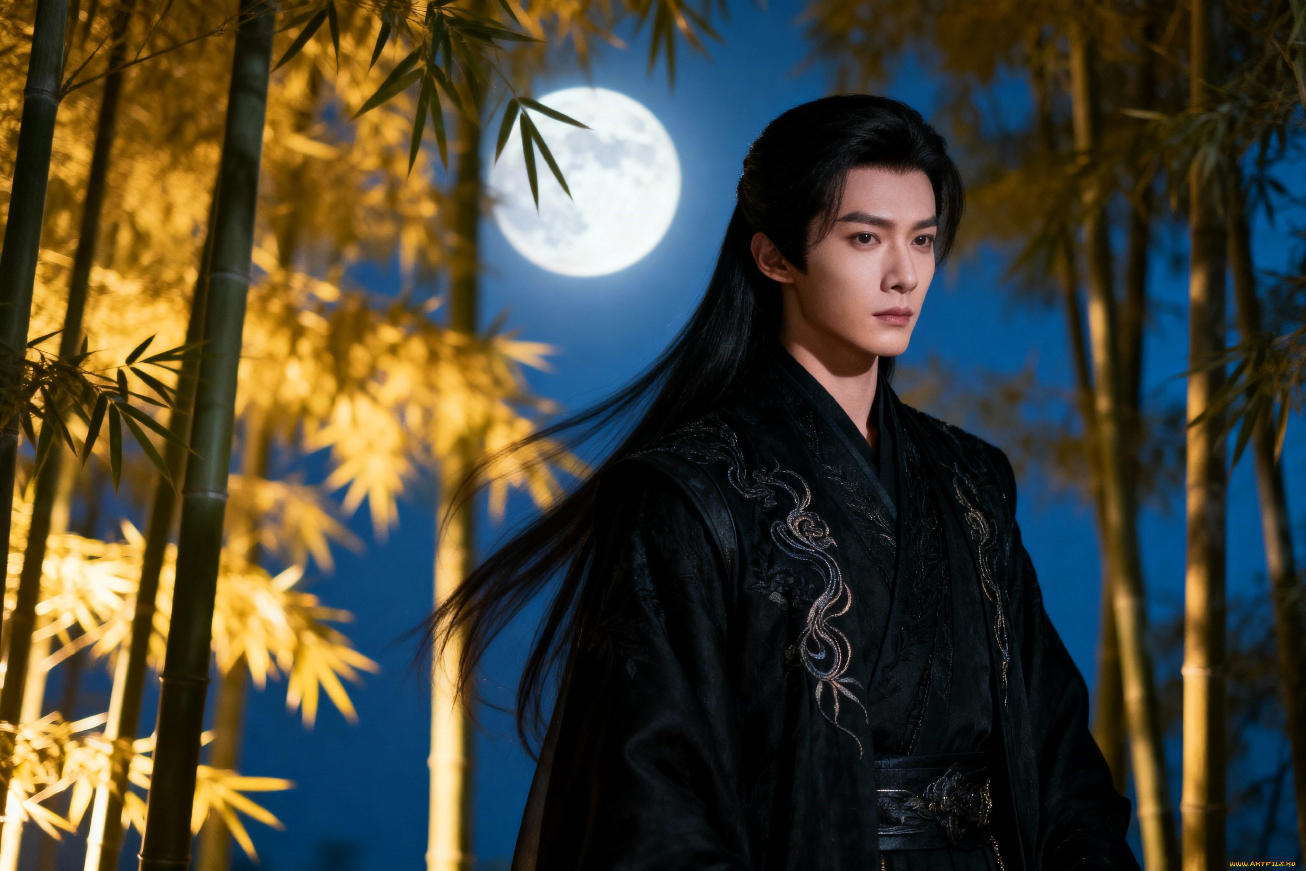 3д, графика, люди, , people, парень, волосы, наряд, луна, бамбук, лес
