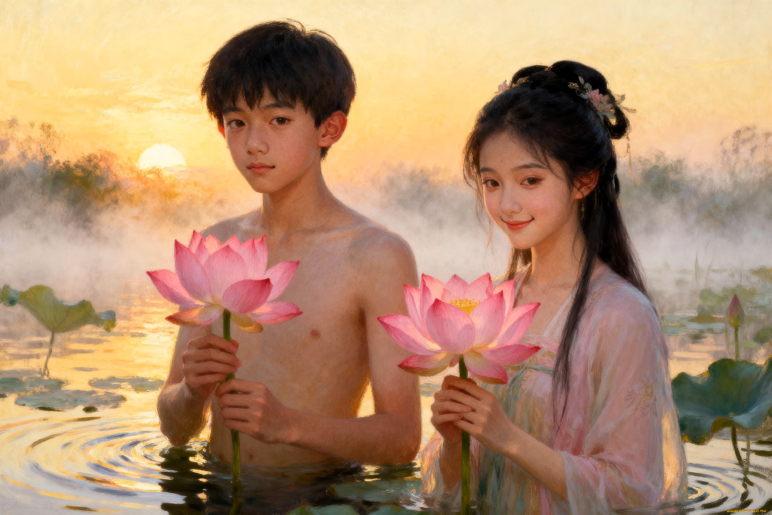 рисованное, дети, мальчик, девочка, лотосы, озеро, закат, туман