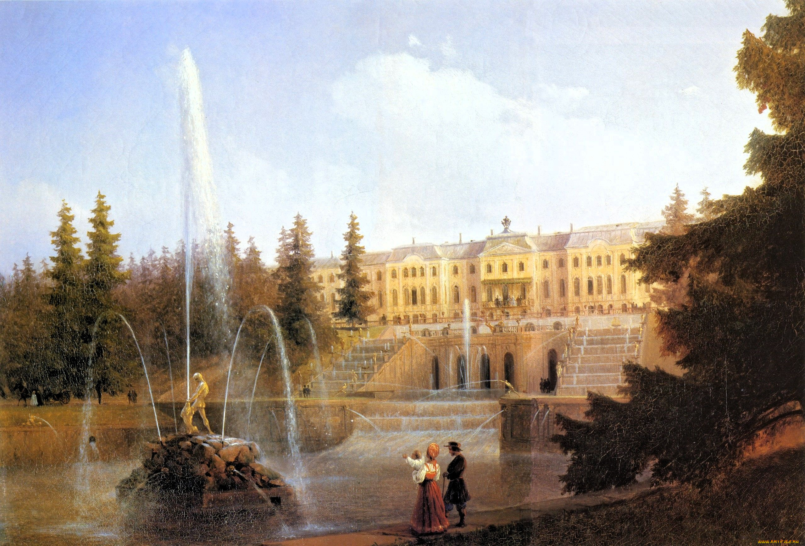 aivazovsky, -, look, to, the, large, cascade, and, large, petergof, palace, рисованное, иван, айвазовский, дворец, парк, ёлки, фонтан, люди