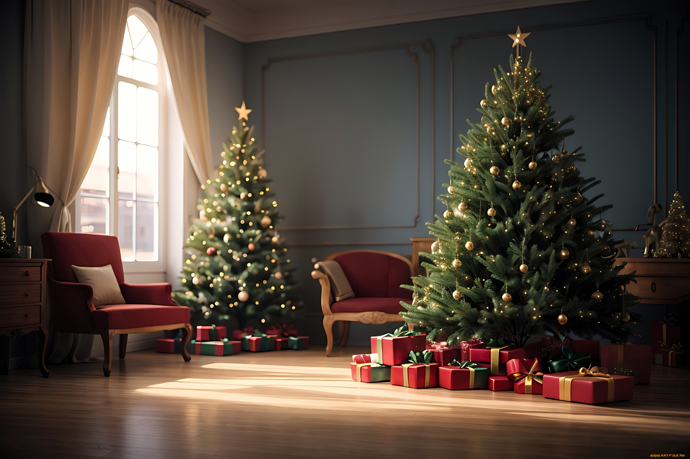 праздничные, ёлки, комната, подарки, кресла, окно