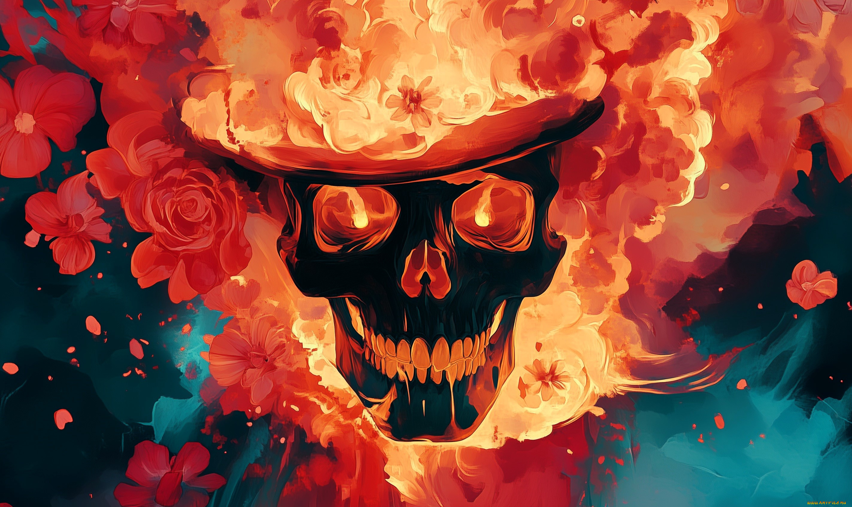 фэнтези, нежить, череп, шляпа, огонь, цветы