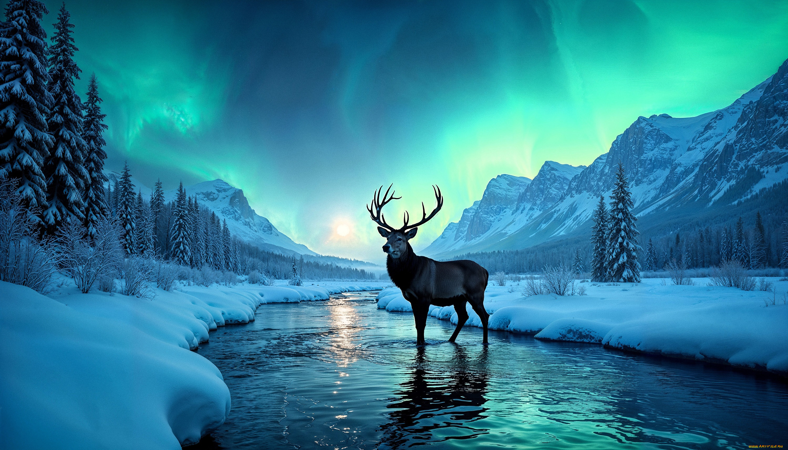 3д, графика, животные, , animals, олень, река, зима, снег, северное, сияние, лес, горы