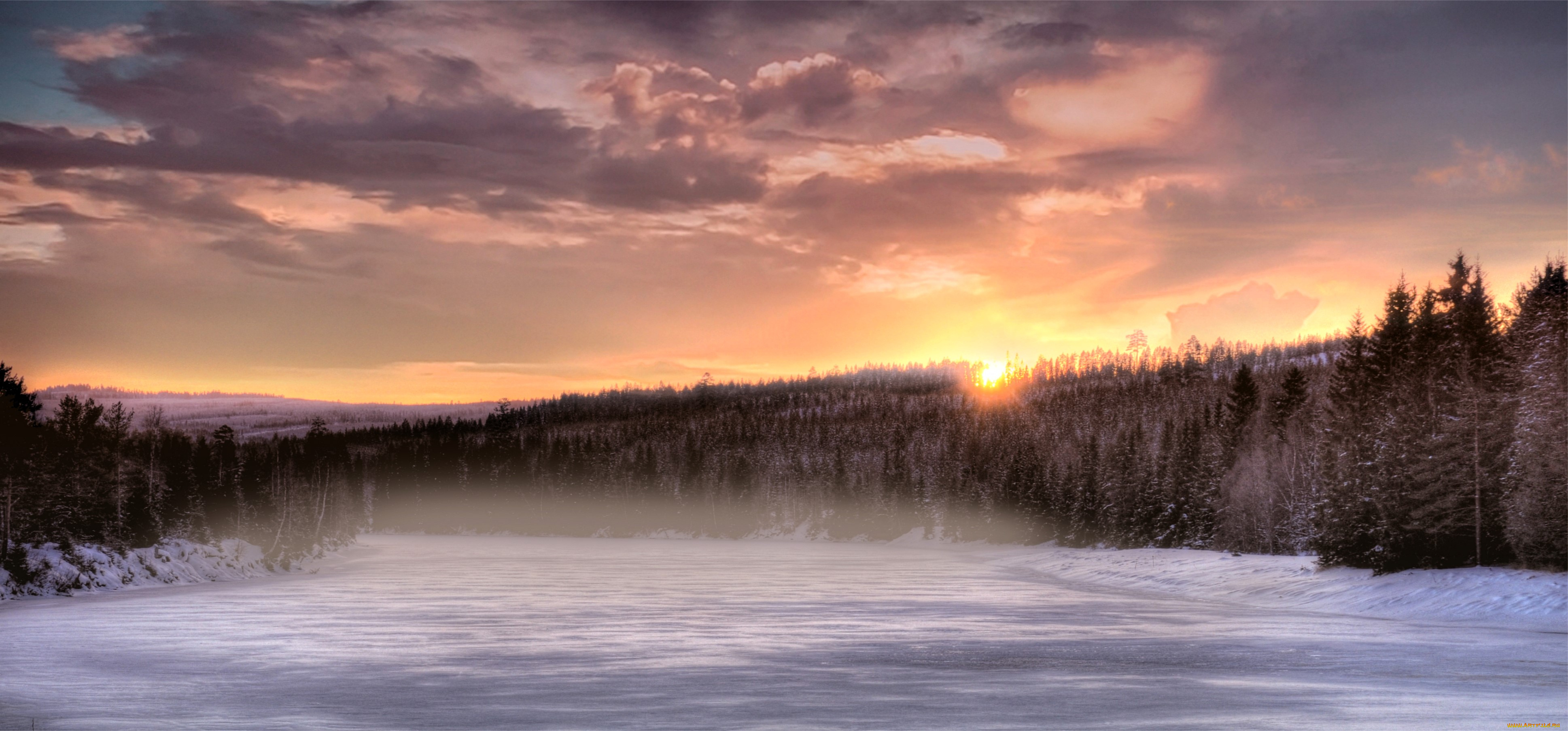 природа, зима, тучи, закат, лес, снег, лед