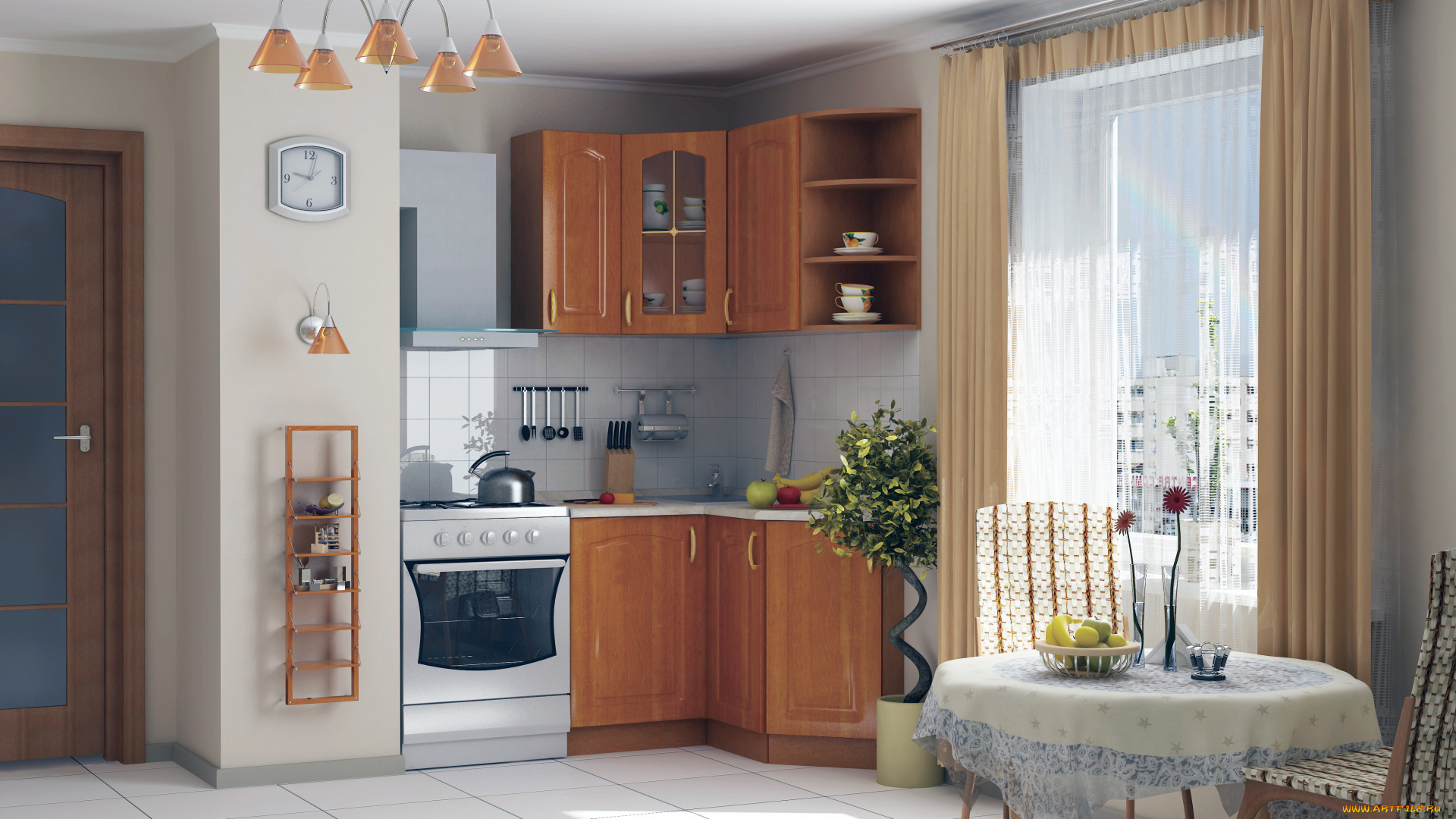 3д, графика, realism, реализм, стулья, стол, люстра, шкафчики, плита, часы