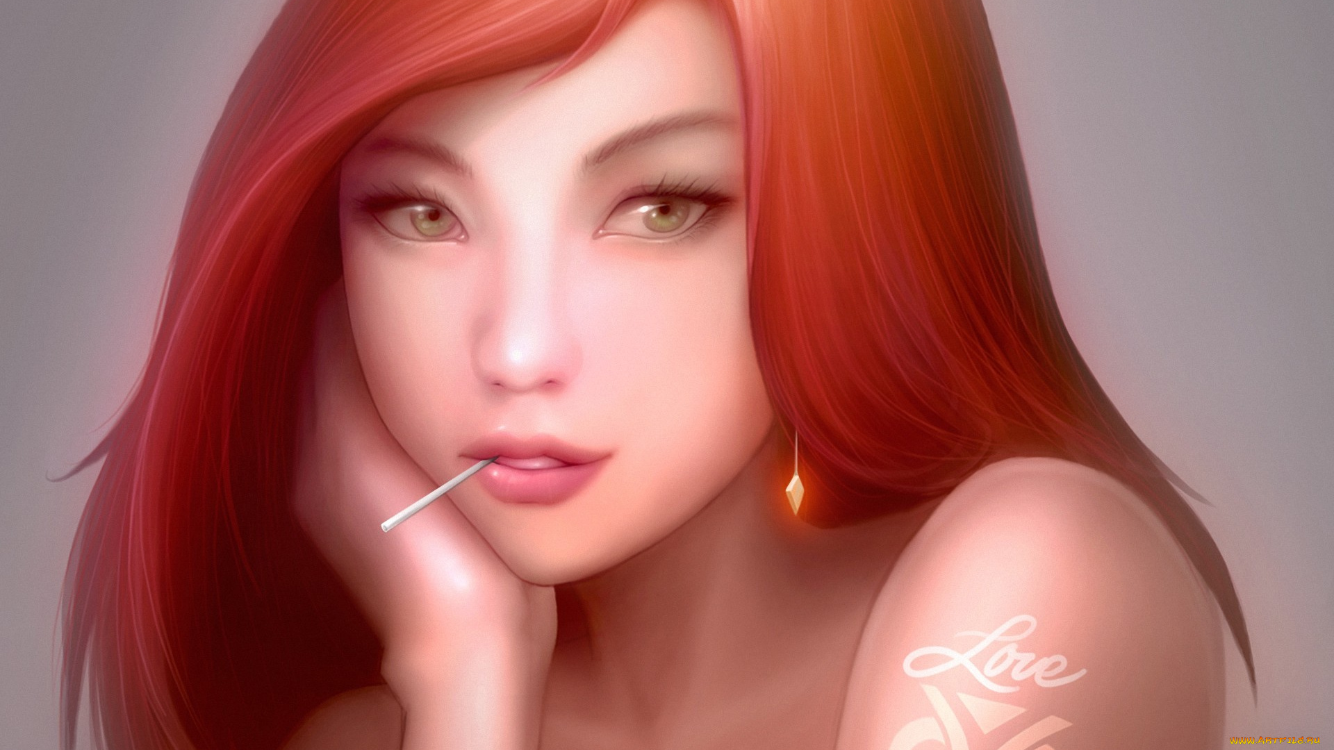 3д, графика, portraits, портрет, татуировка, рыжая, love, палочка, рука, девушка