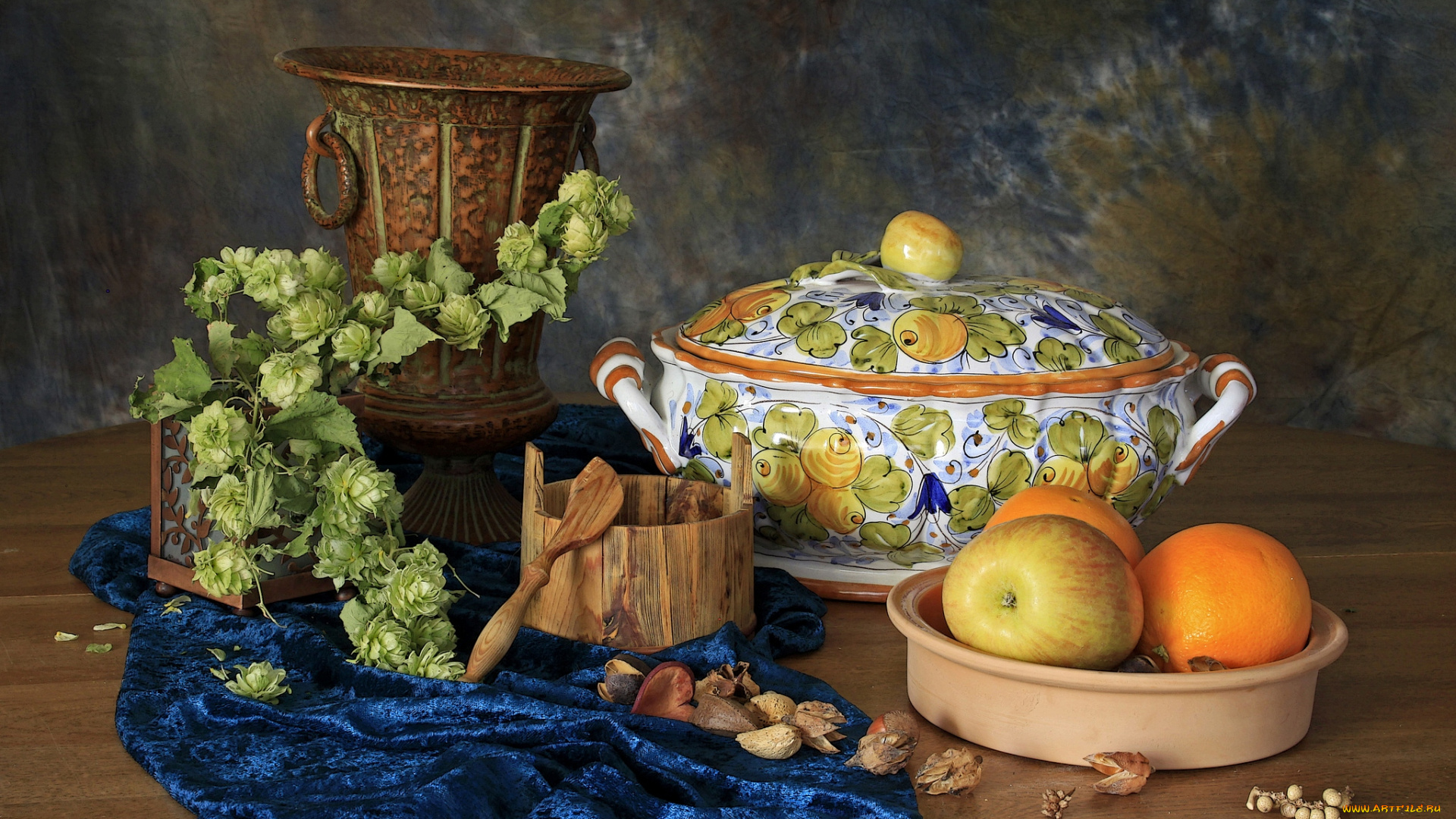 еда, натюрморт, яблоко, апельсин, хмель, супница