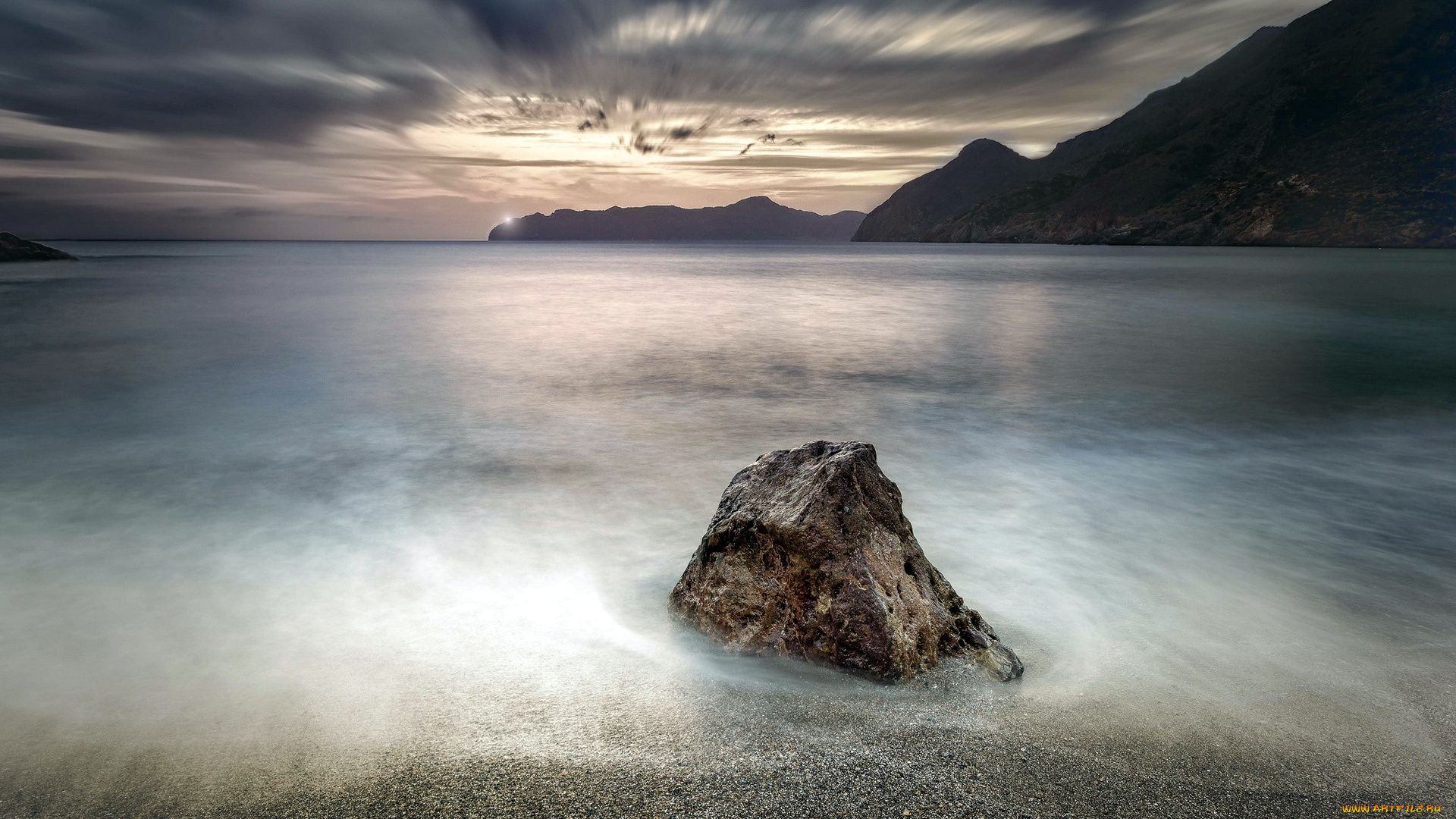 природа, побережье, пляж, океан, камень, дымка