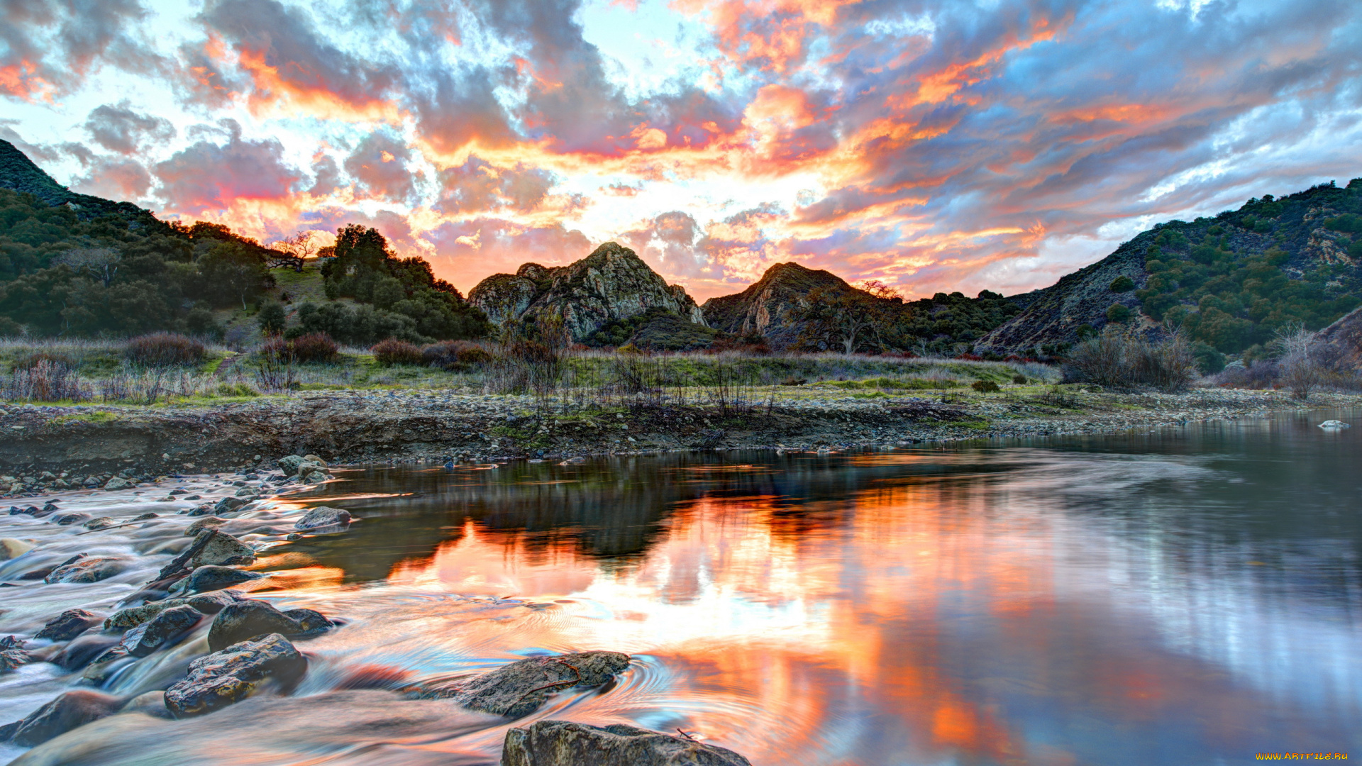 природа, реки, озера, закат, malibu, hdr, пейзаж