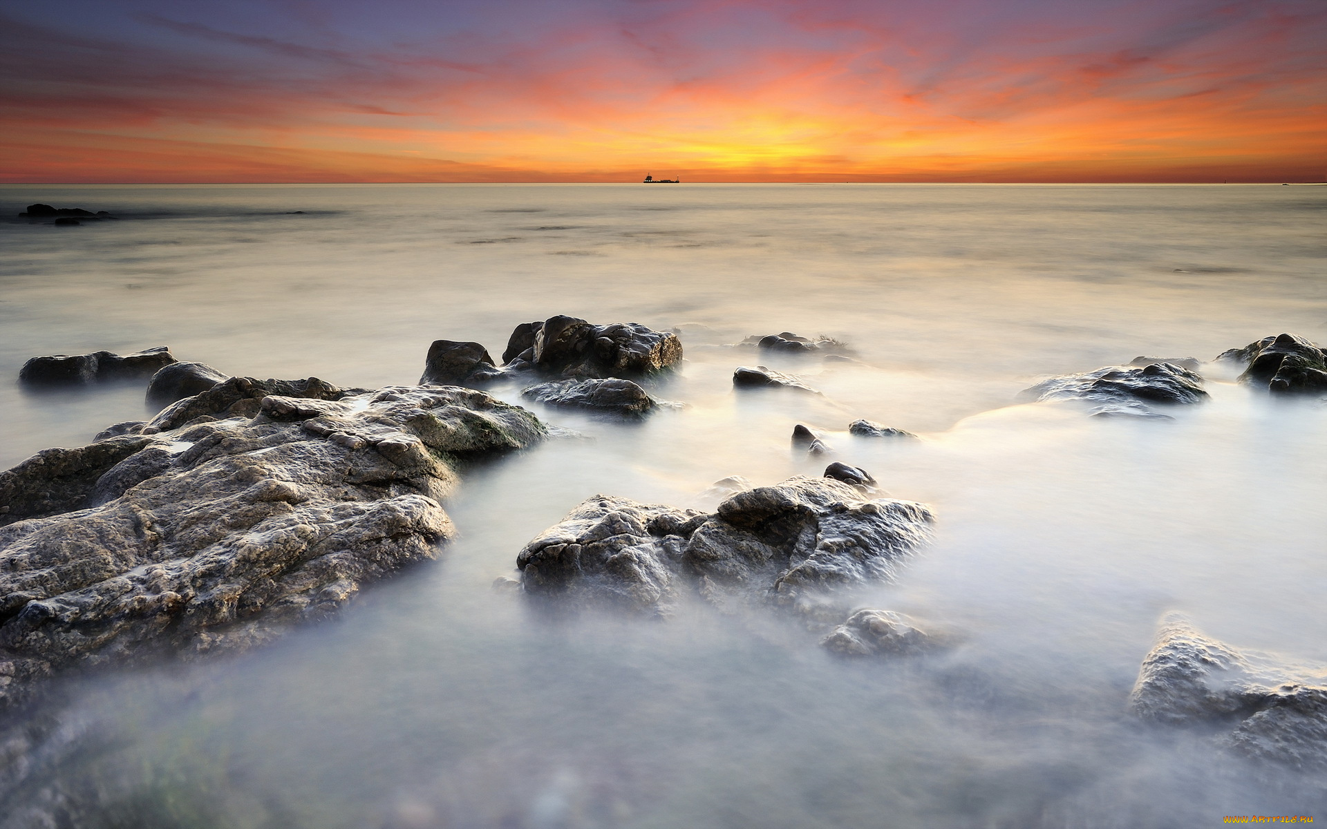 природа, побережье, горизонт, туман, камни, заря, океан