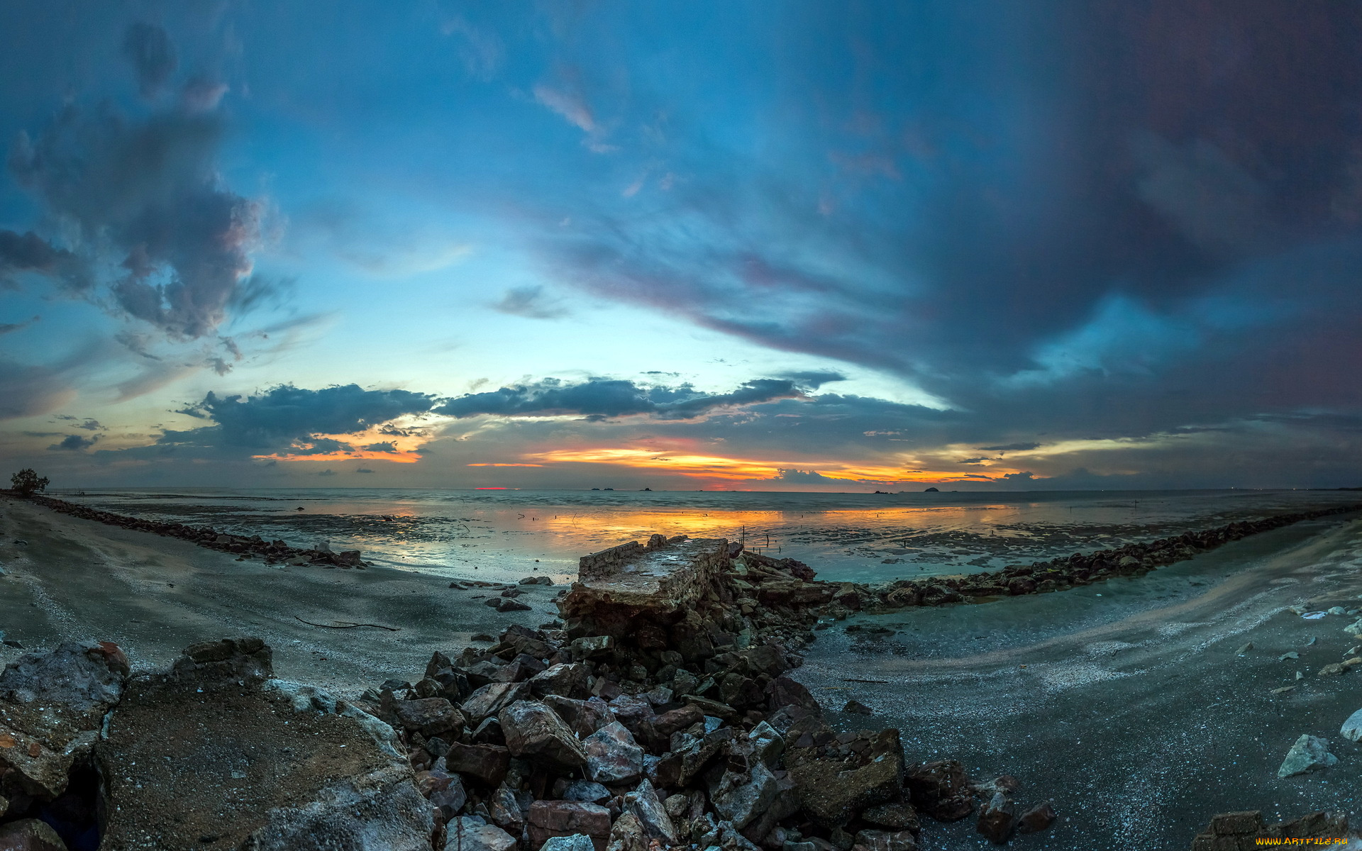 природа, побережье, пляж, камни, тучи, океан