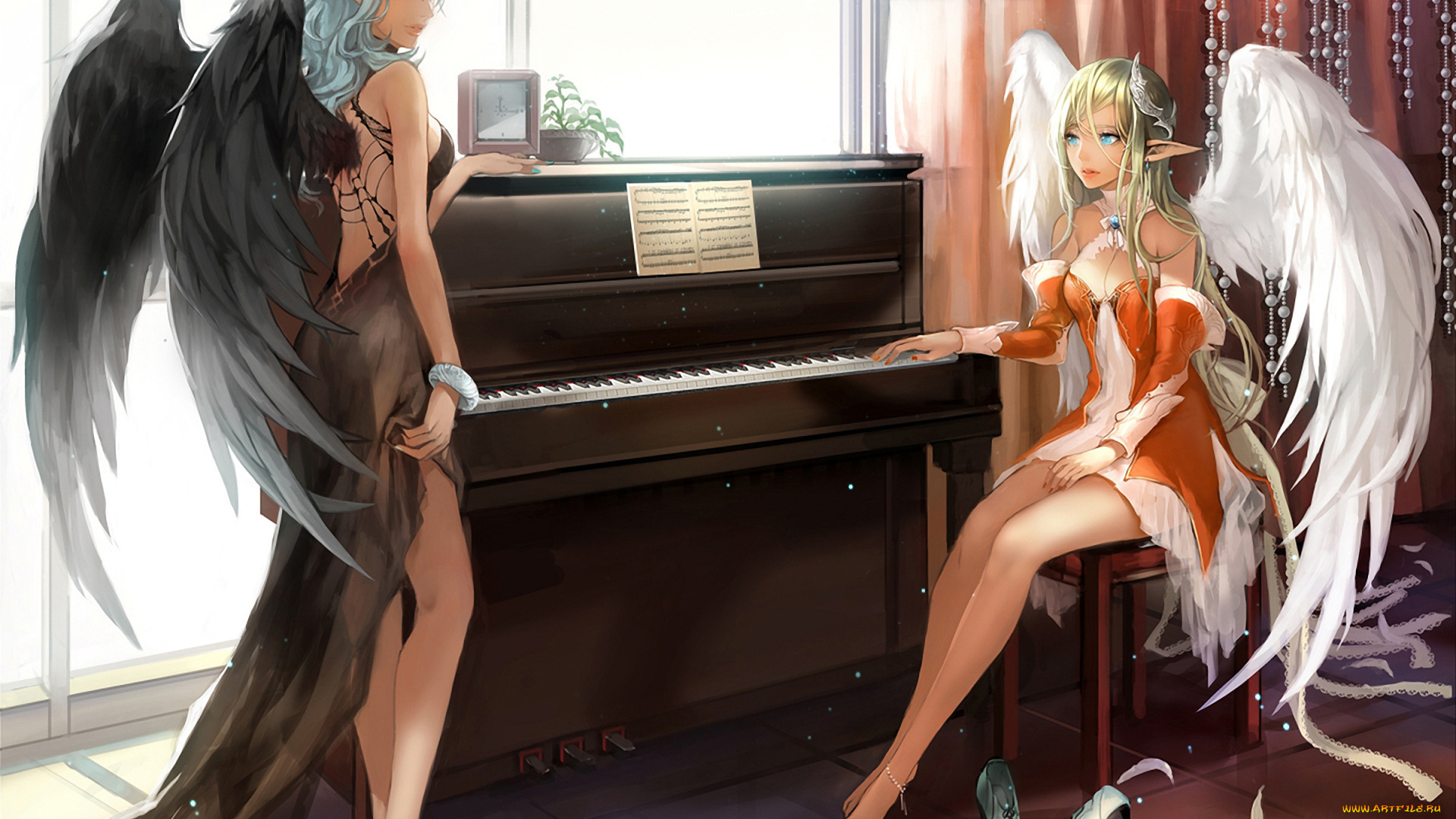 аниме, -angels, &, demons, ангелы, фортепиано, темная, светлая, девушки, комната