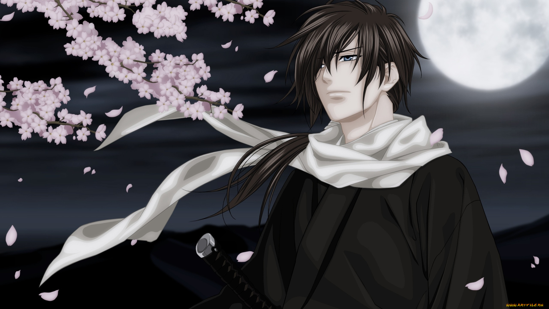 аниме, hakuoki, парень, шарф, сакура, лепестки