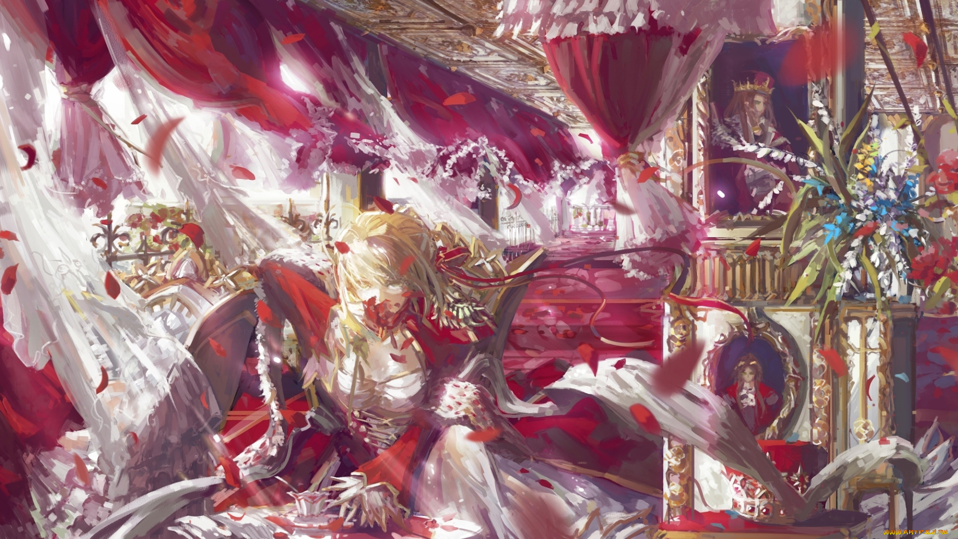 by, stu, dts, , pixiv, аниме, fate, stay, night, saber, девушка, комната, окна, цветы, платье, портрет, картина, шторы, кресло