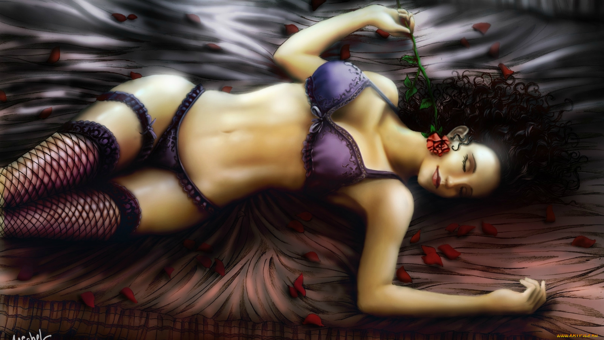 фэнтези, девушки, девушка, ложе, бюстгалтер, роза, цветок