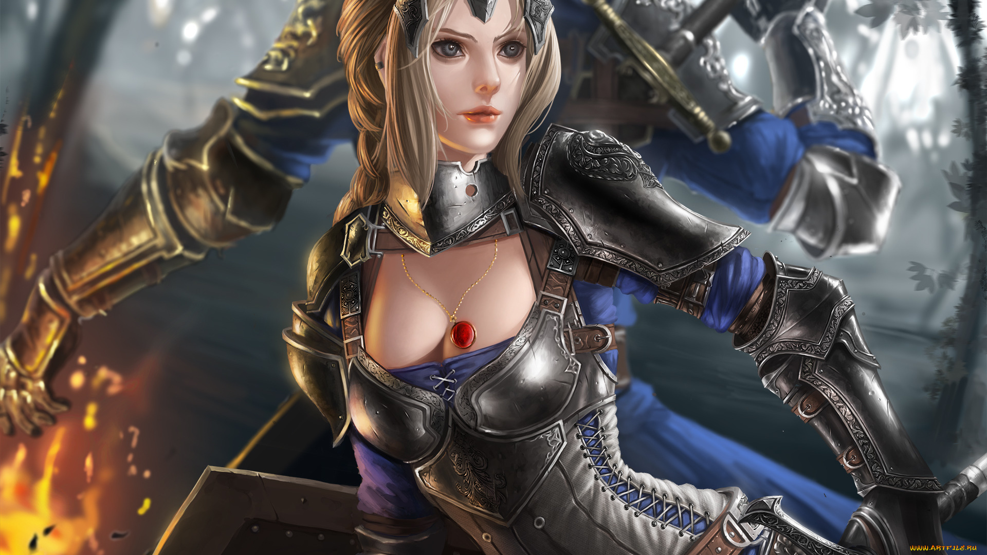 фэнтези, девушки, кулон, доспехи, меч, щит, воин, девушка