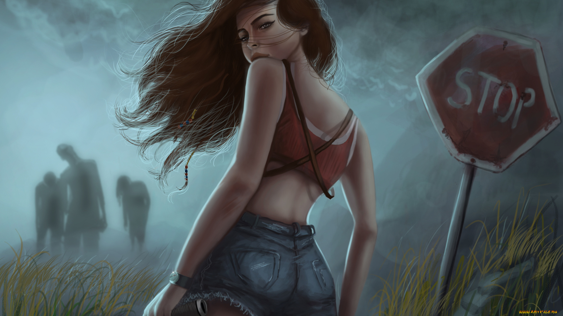 фэнтези, девушки, мертвецы, девушка, нож, шорты, знак, зомби