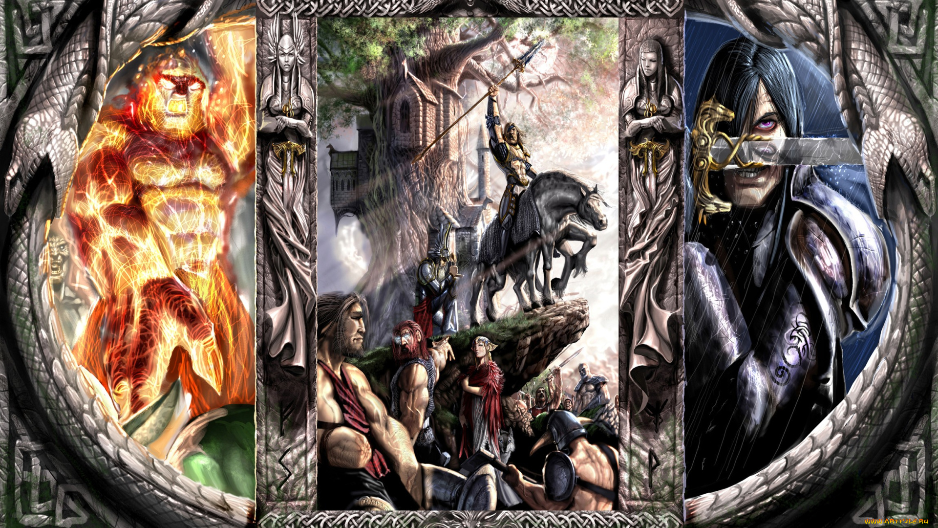 фэнтези, эльфы, триптих, меч, орки, монстр, воины