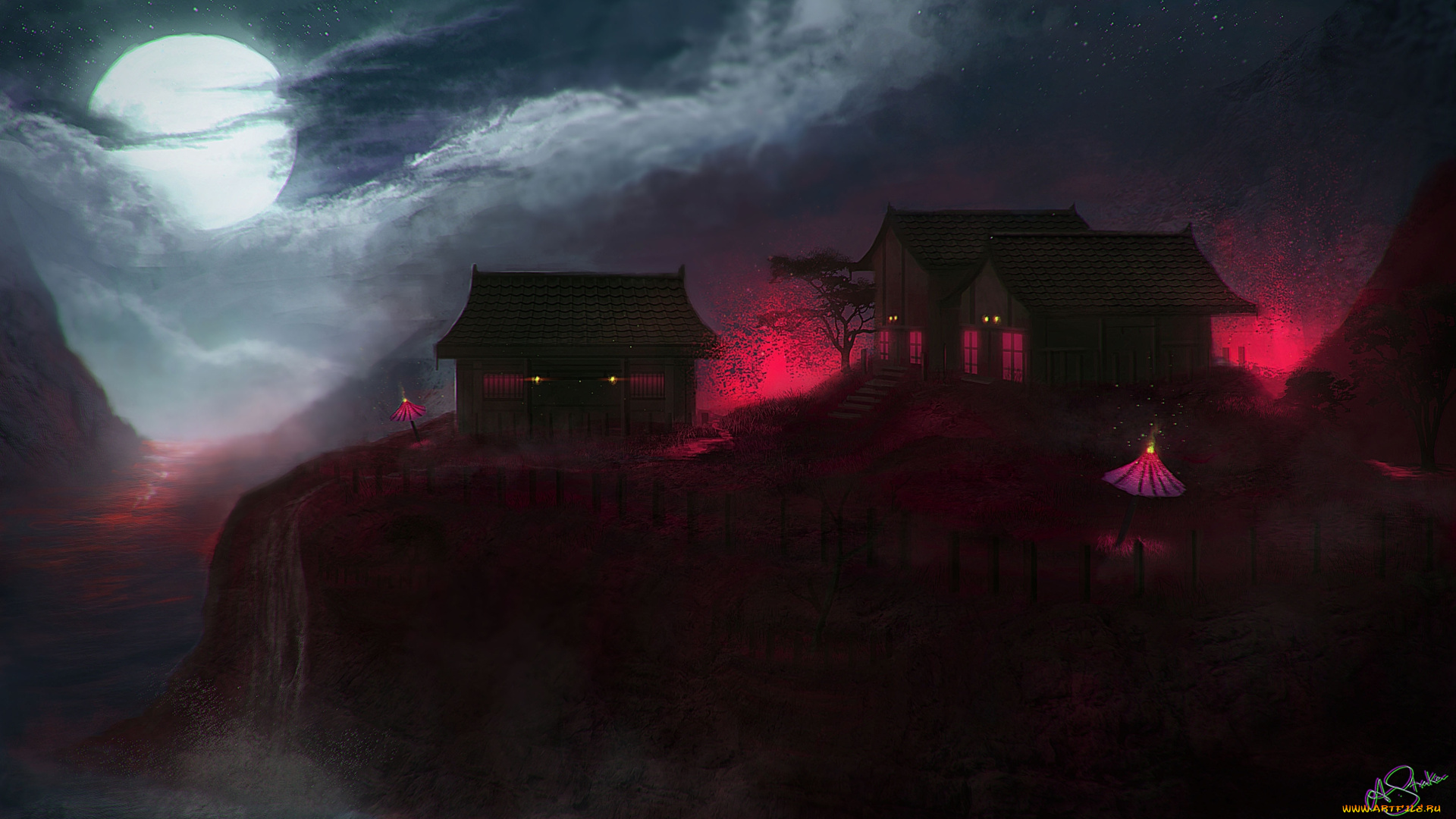 фэнтези, иные, миры, , иные, времена, утес, обрыв, домики, водопад, полная, луна