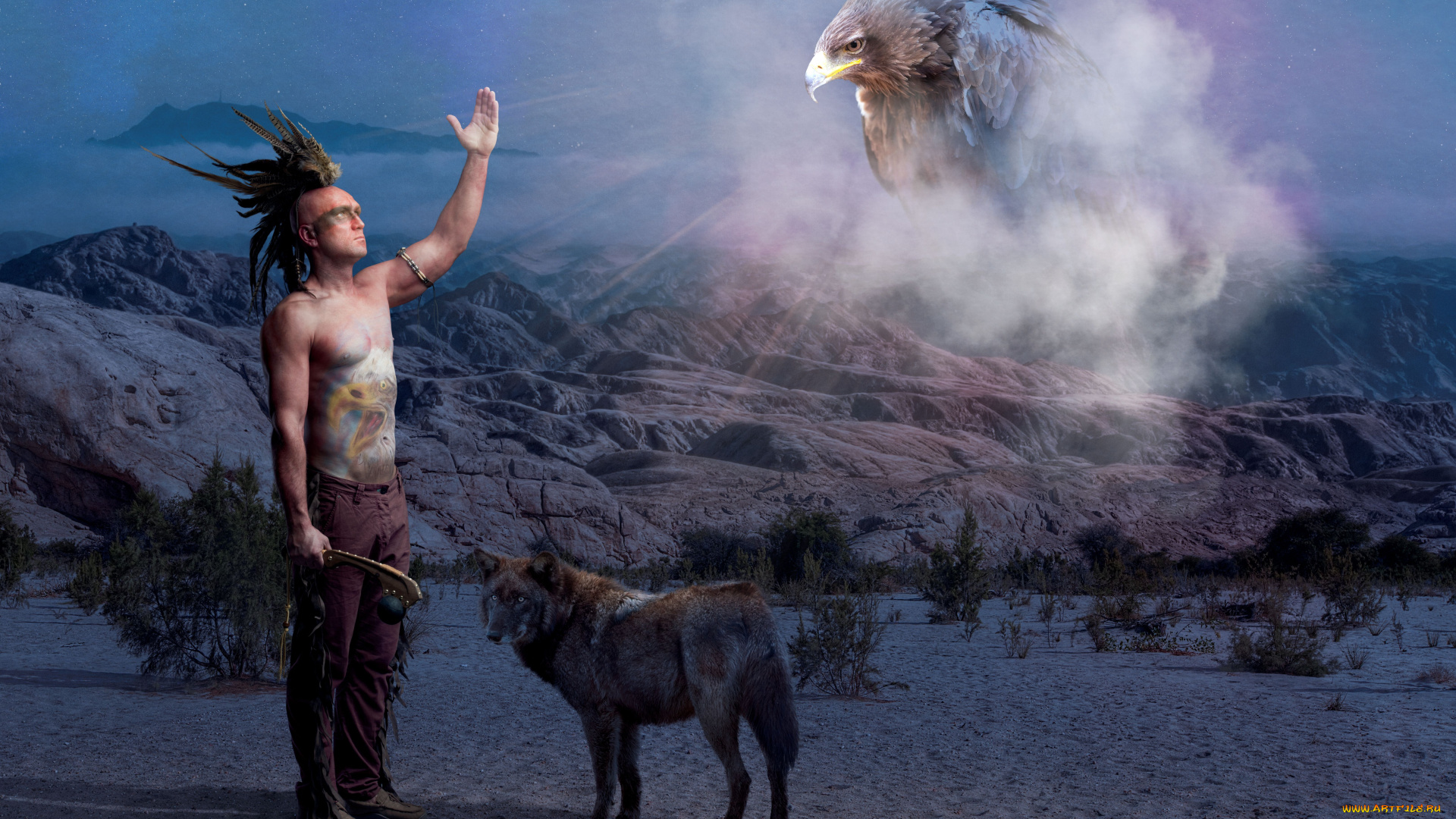 фэнтези, люди, птица, орёл, волк, индеец, пустыня