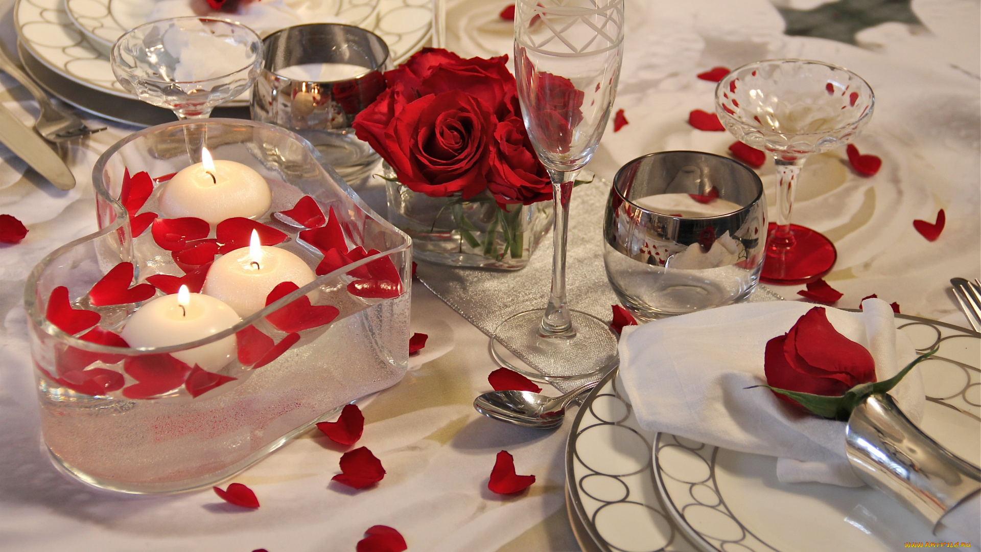 интерьер, декор, , отделка, , сервировка, приборы, розы, бокалы, свечи