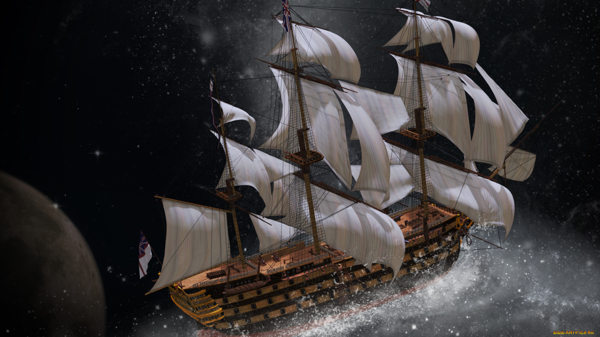 корабли, 3d, брызги, парусник