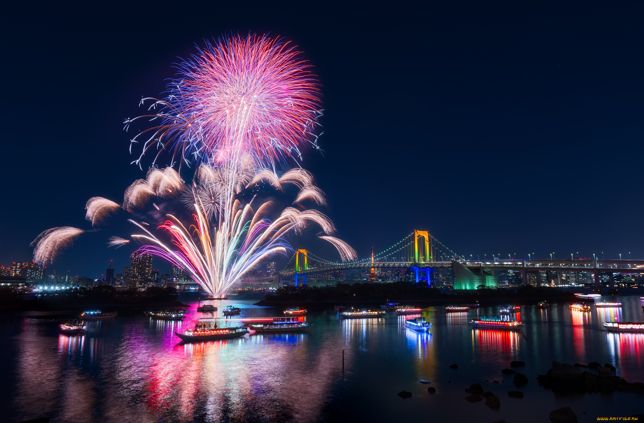 города, токио, , Япония, фейерверк, город, ночь, река, лодки, мост
