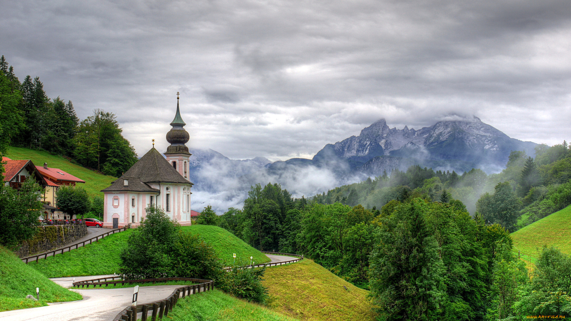 берхтесгаден, германия, города, -, католические, соборы, , костелы, , аббатства, германия, берхтесгаден, berchtesgaden, трава, дорога, кирха, пейзаж