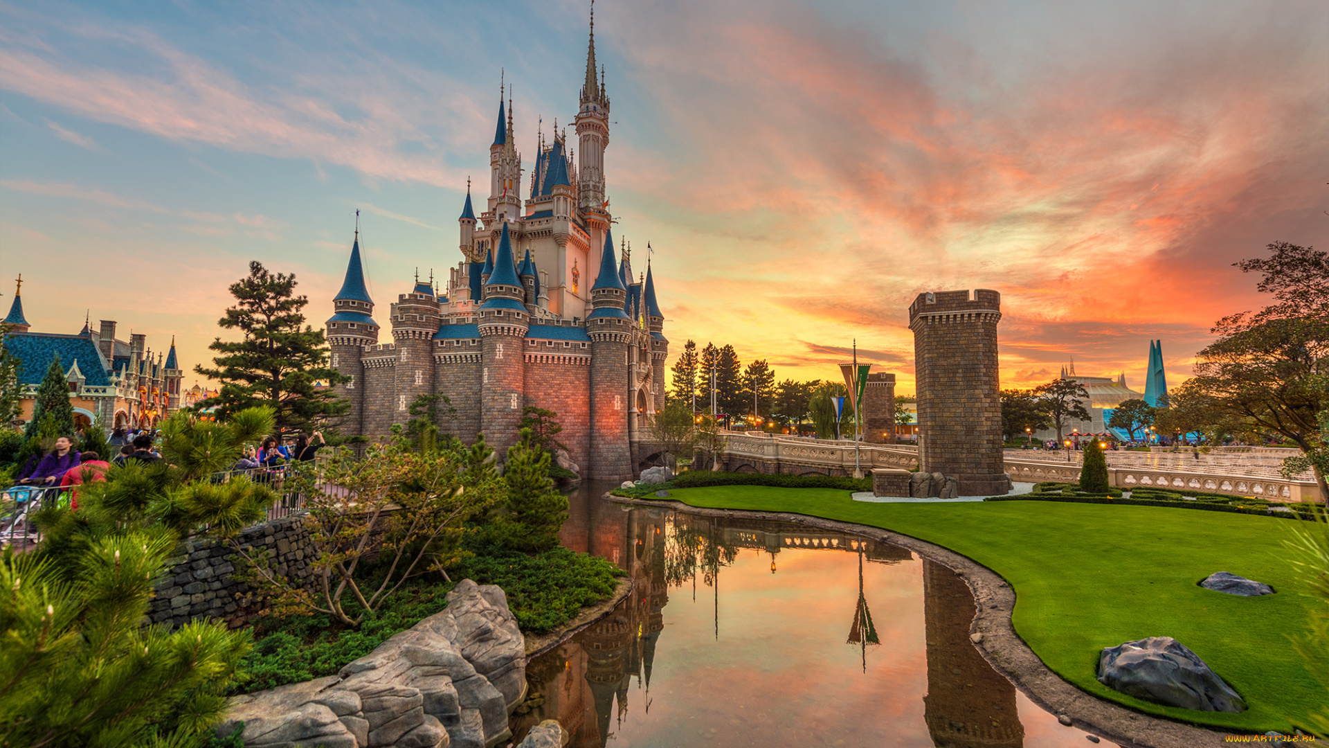 cinderella, castle, sunset, города, диснейленд, замок, башни, стены