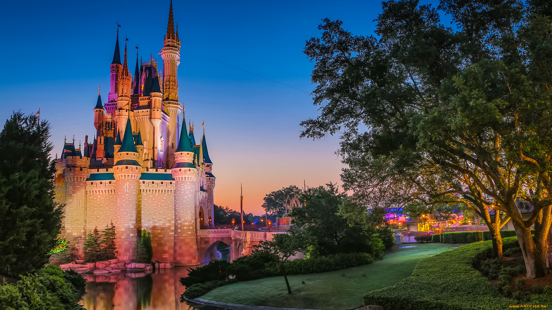 early, morning, sunrise, at, cinderella, castle, города, диснейленд, стены, башни, замок